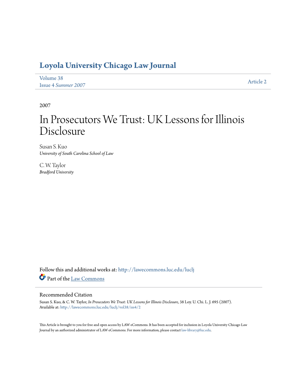 In Prosecutors We Trust: UK Lessons for Illinois Disclosure Susan S