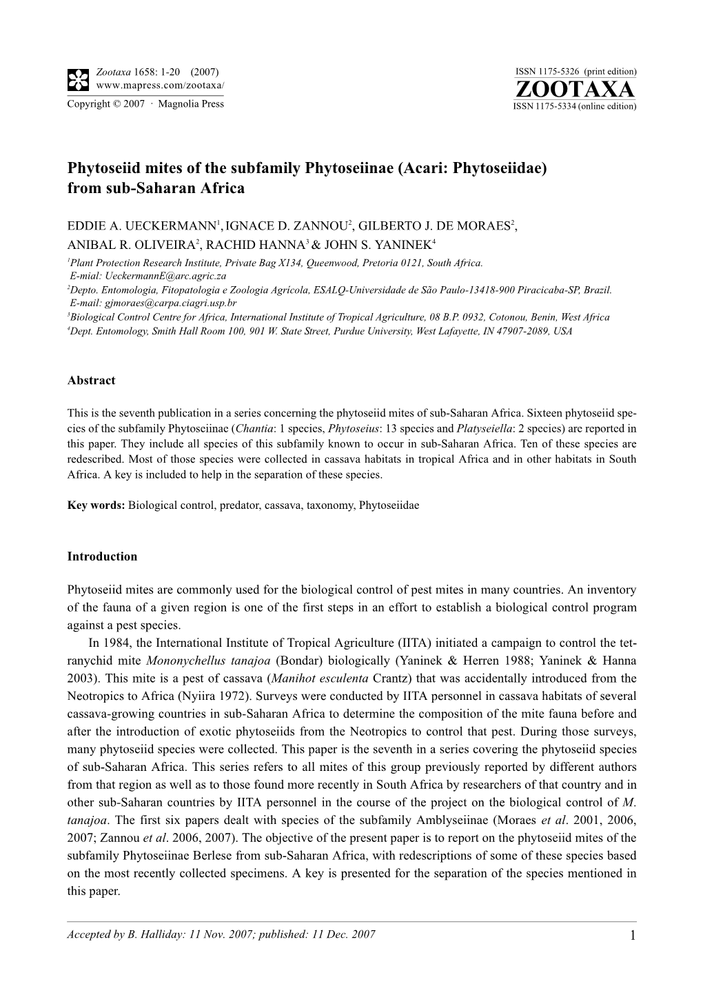 Zootaxa,Phytoseiid Mites of the Subfamily Phytoseiinae (Acari