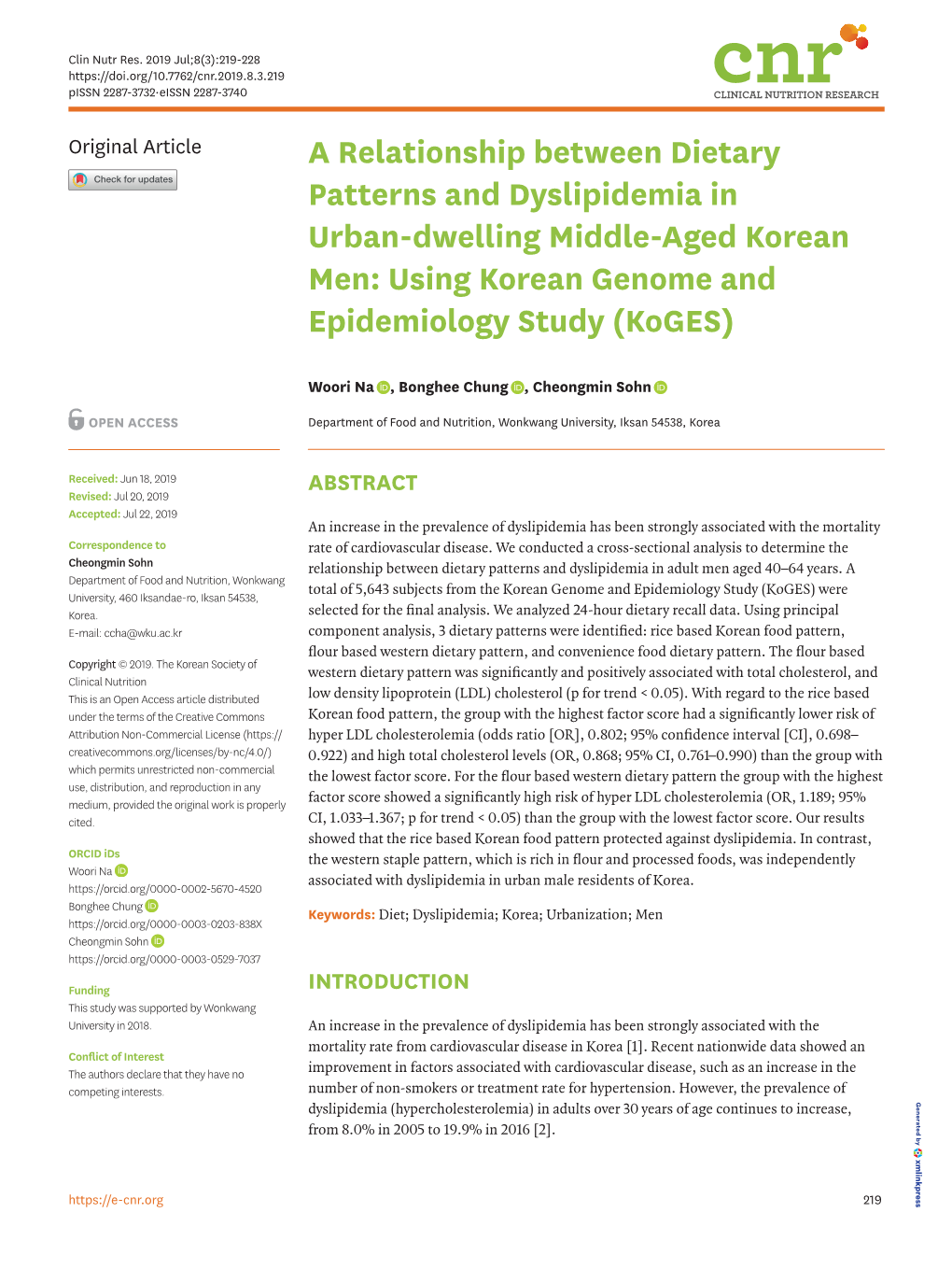 A Relationship Between Dietary Patterns and Dyslipidemia in Urban-Dwelling Middle-Aged Korean Men: Using Korean Genome and Epidemiology Study (Koges)