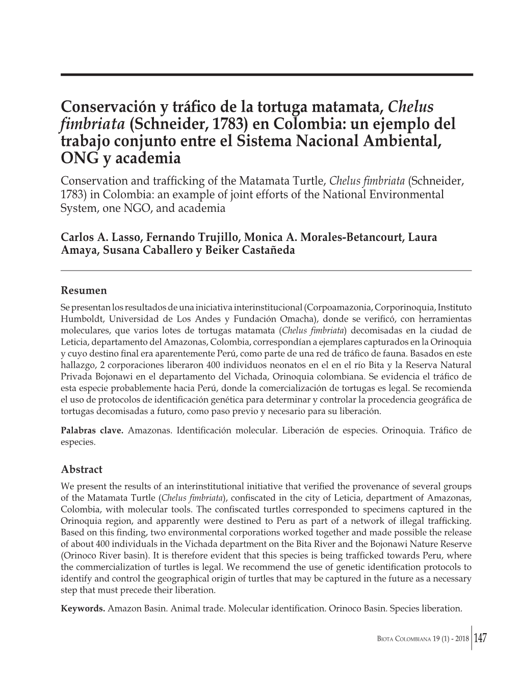 Conservación Y Tráfico De La Tortuga Matamata, Chelus Fimbriata