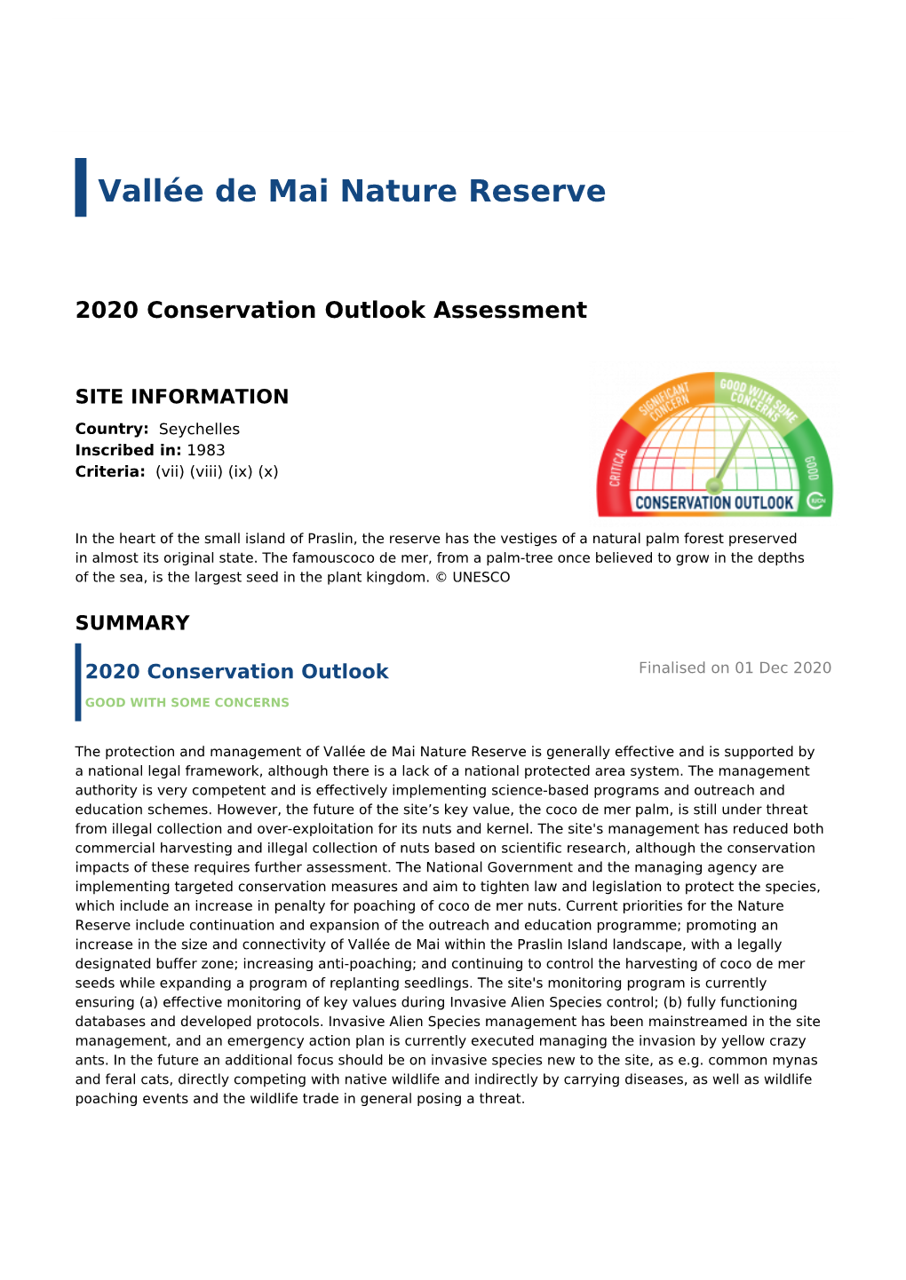 2020 Conservation Outlook Assessment