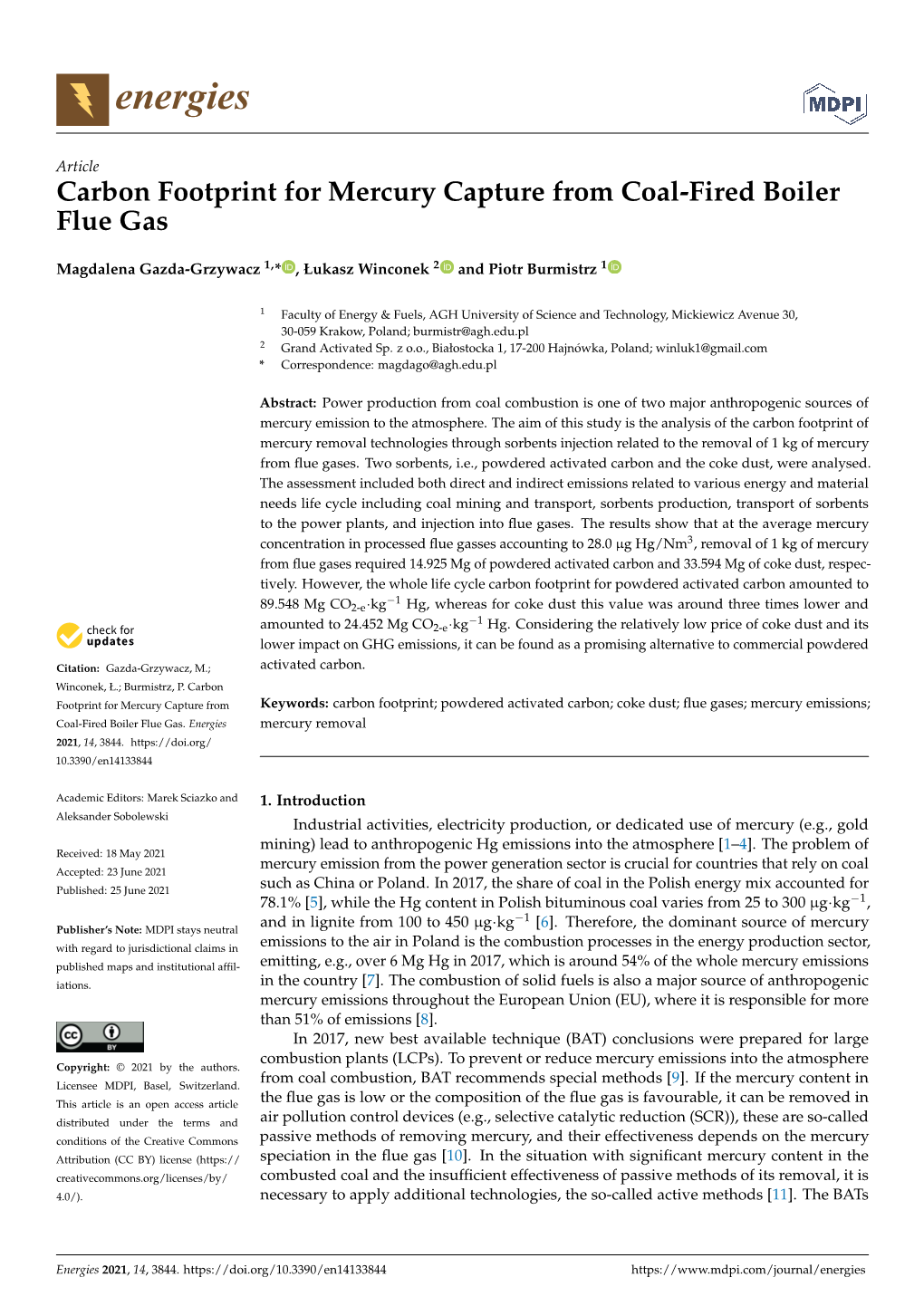 Carbon Footprint for Mercury Capture from Coal-Fired Boiler Flue Gas