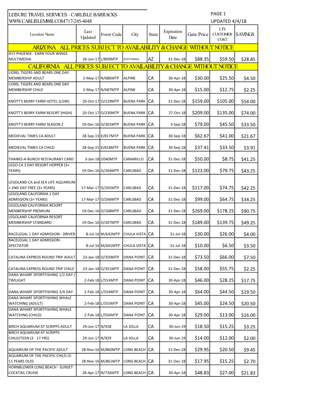 Arizona All Prices Subject To