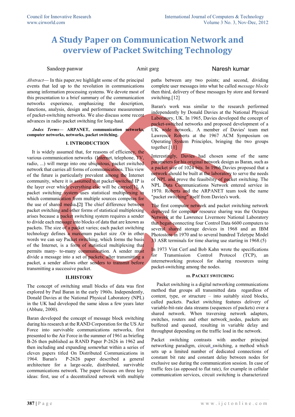 A Study Paper on Communication Network and Overview of Packet Switching Technology