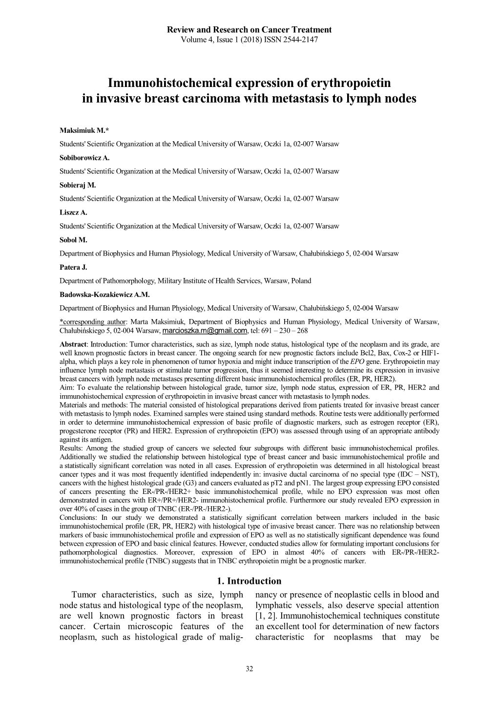 Immunohistochemical Expression of Erythropoietin in Invasive Breast Carcinoma with Metastasis to Lymph Nodes