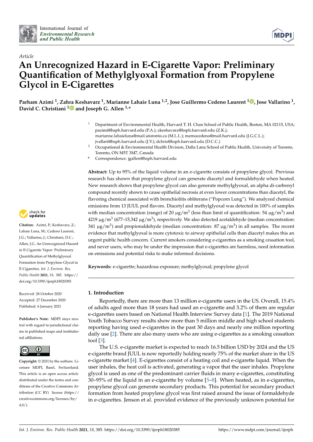 An Unrecognized Hazard in E-Cigarette Vapor: Preliminary Quantiﬁcation of Methylglyoxal Formation from Propylene Glycol in E-Cigarettes