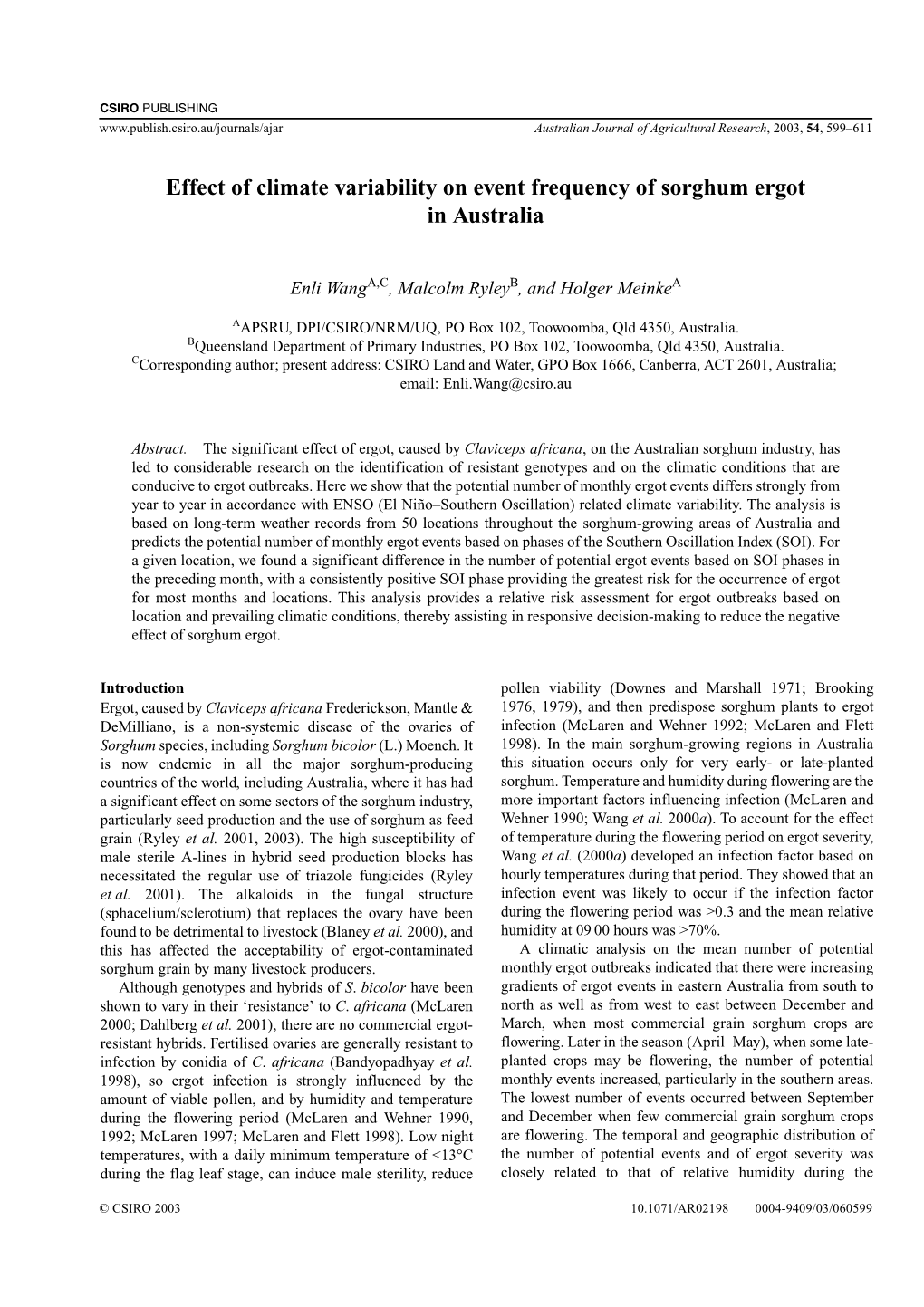 Effect of Climate Variability on Event Frequency of Sorghum Ergot in Australia