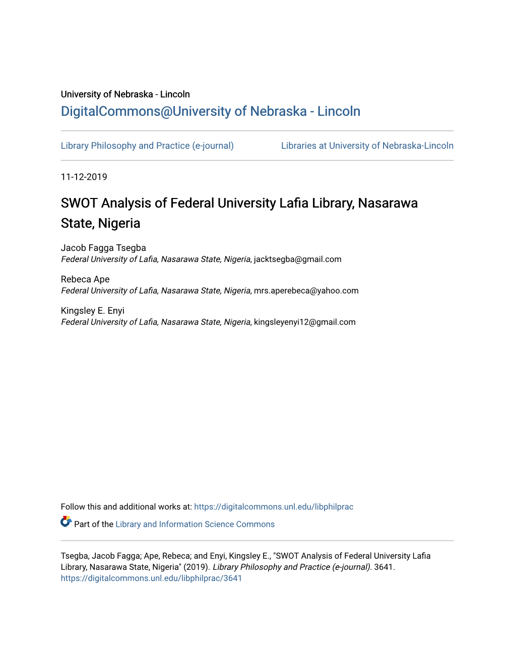 SWOT Analysis of Federal University Lafia Library, Nasarawa State, Nigeria