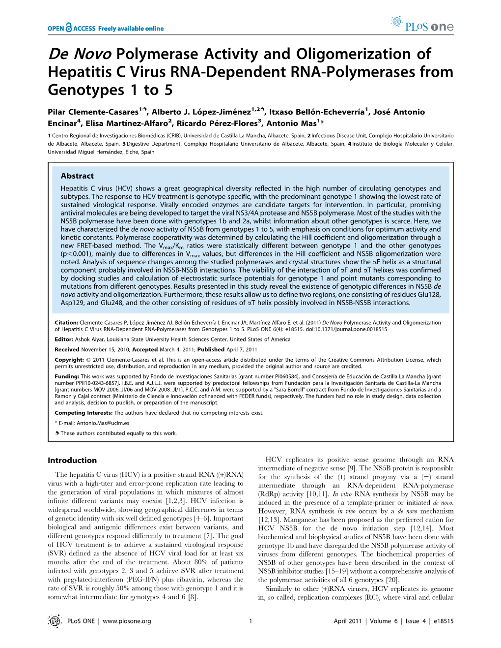 Hepatitis C Virus RNA-Dependent RNA-Polymerases from Genotypes 1 to 5