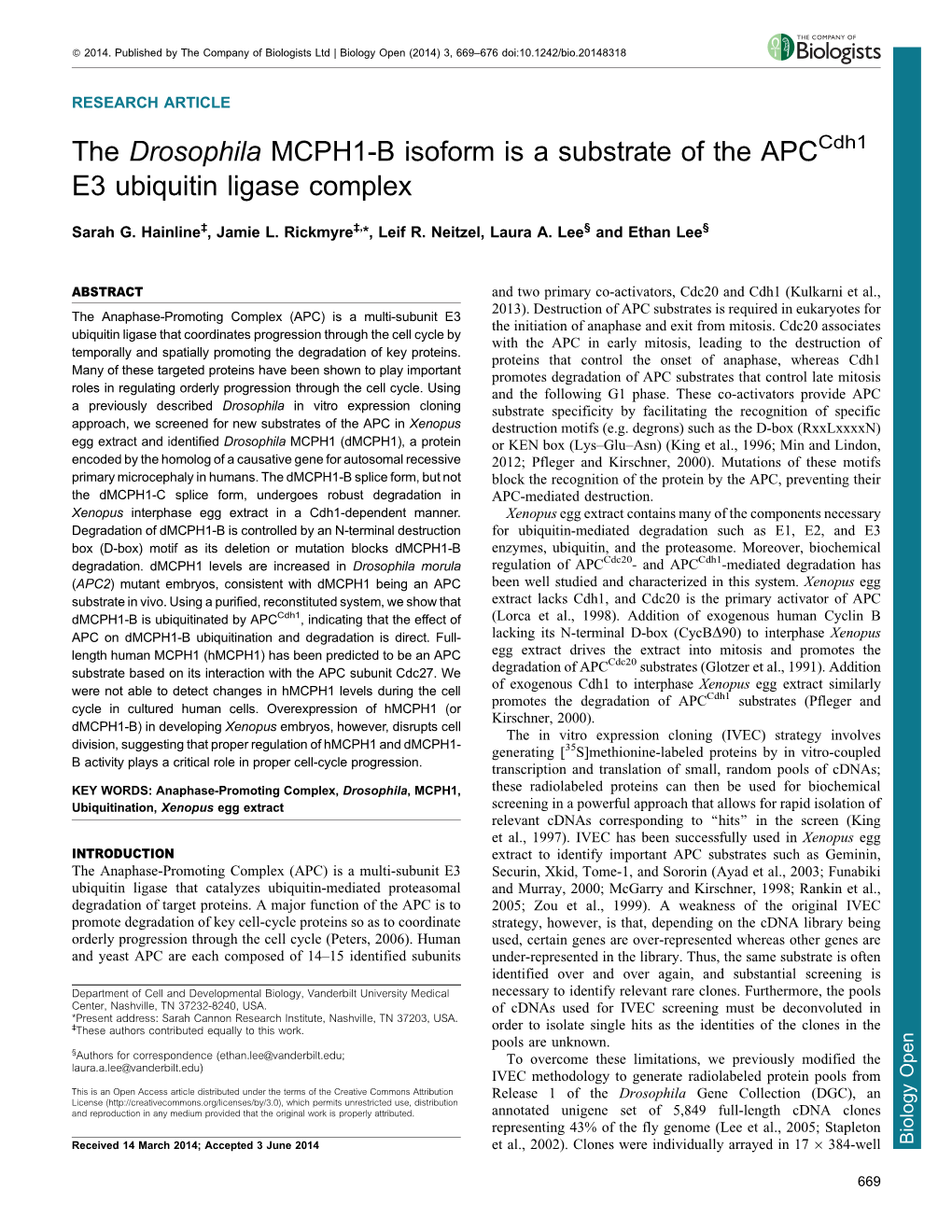 The Drosophila MCPH1-B Isoform Is a Substrate of the APC E3 Ubiquitin Ligase Complex