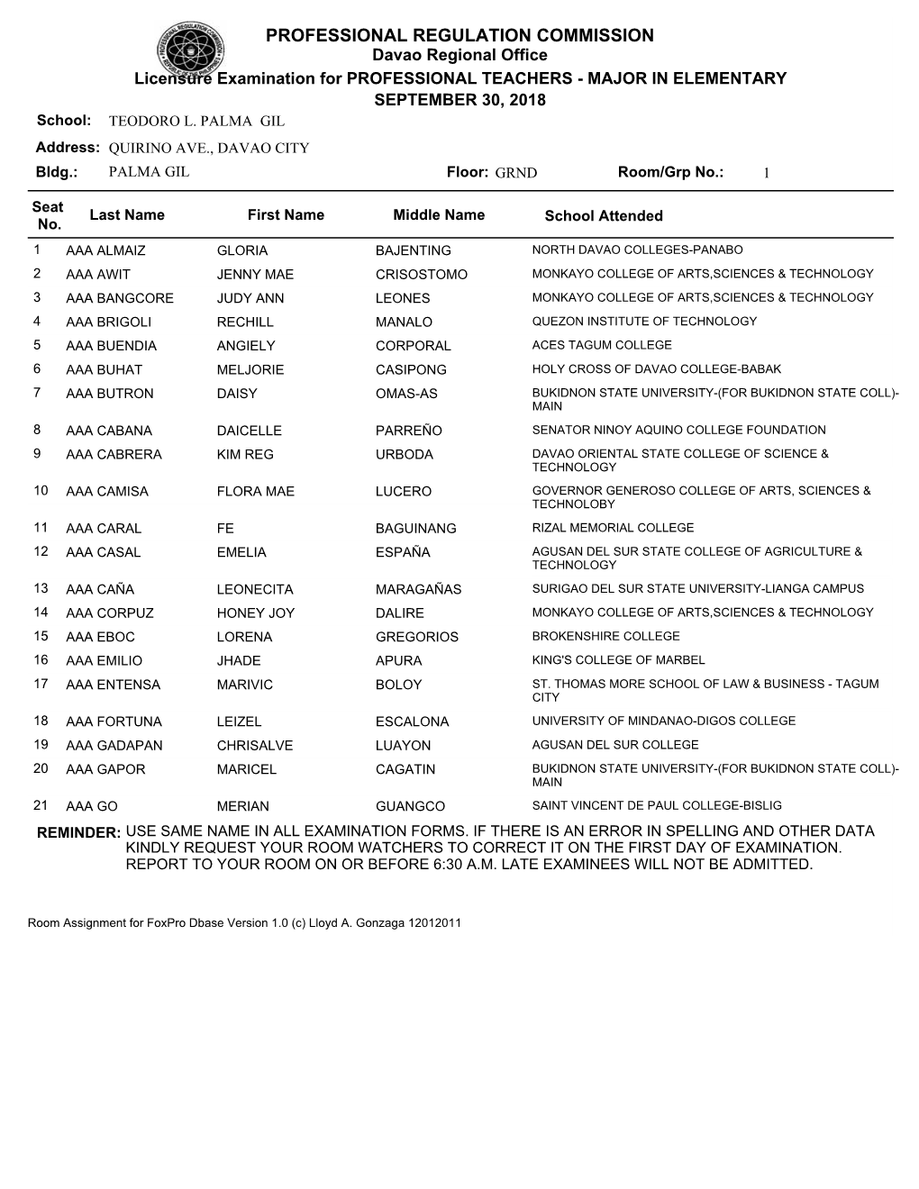 Room Assignment for Foxpro Dbase Version 1.0 (C) Lloyd A