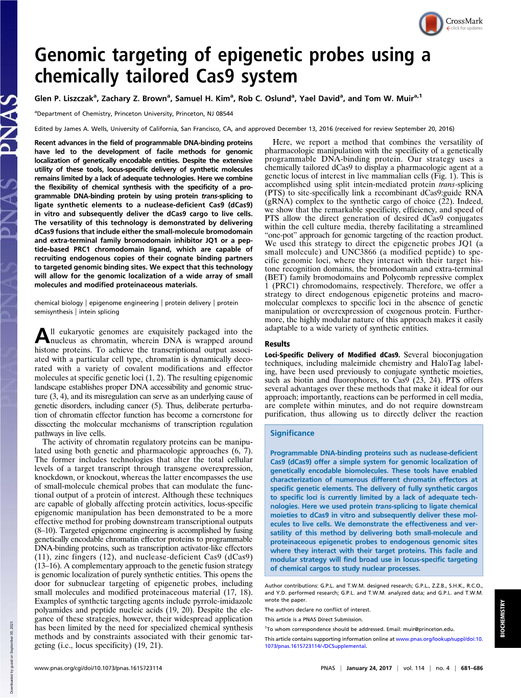 Genomic Targeting of Epigenetic Probes Using a Chemically Tailored Cas9 System