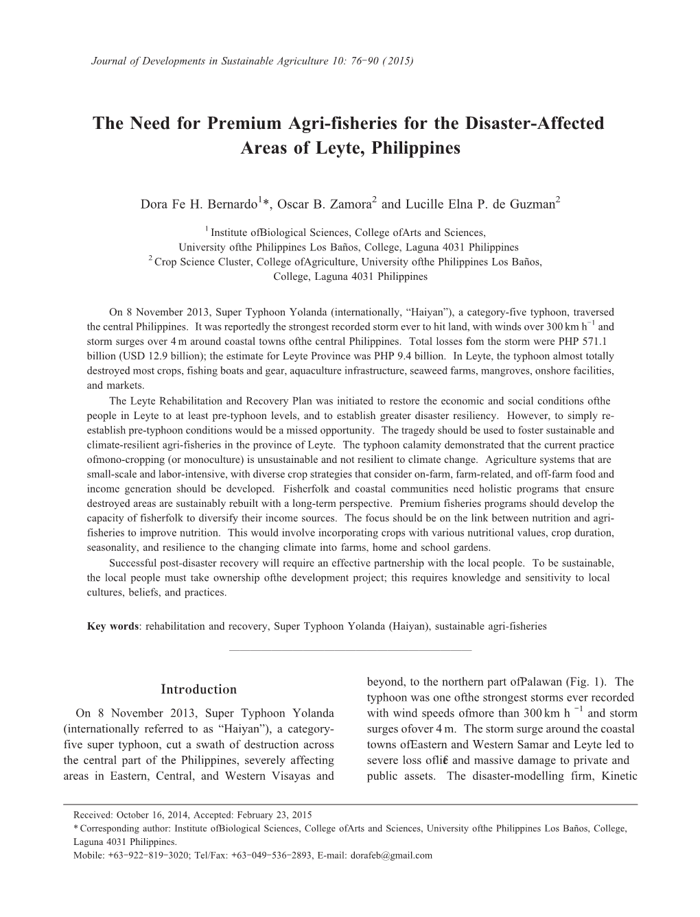 The Need for Premium Agri-Fisheries for the Disaster-Affected Areas of Leyte, Philippines