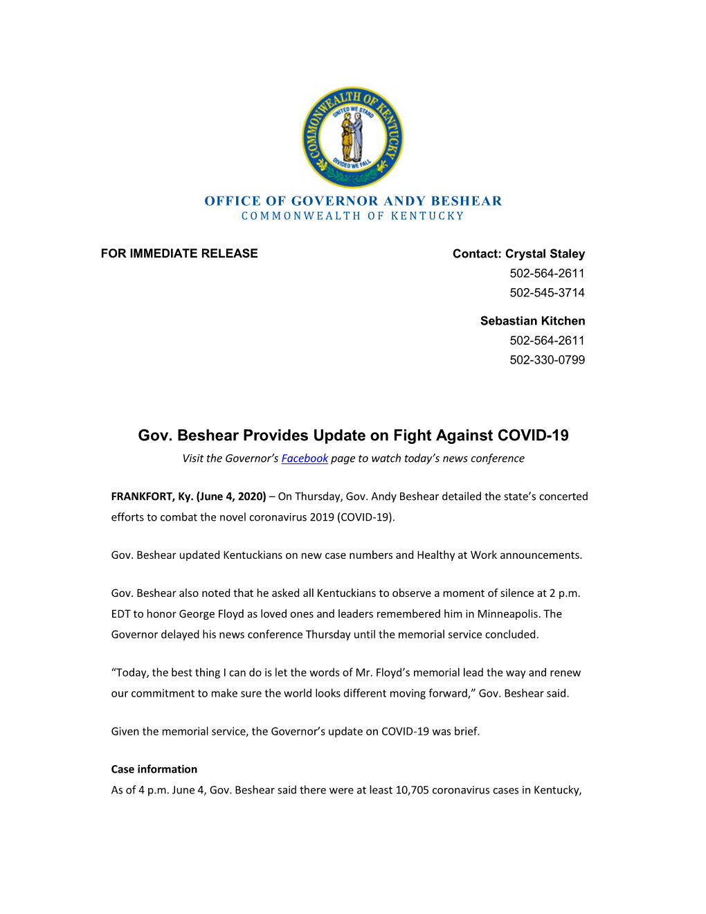 Gov. Beshear Provides Update on Fight Against COVID-19 Visit the Governor’S Facebook Page to Watch Today’S News Conference