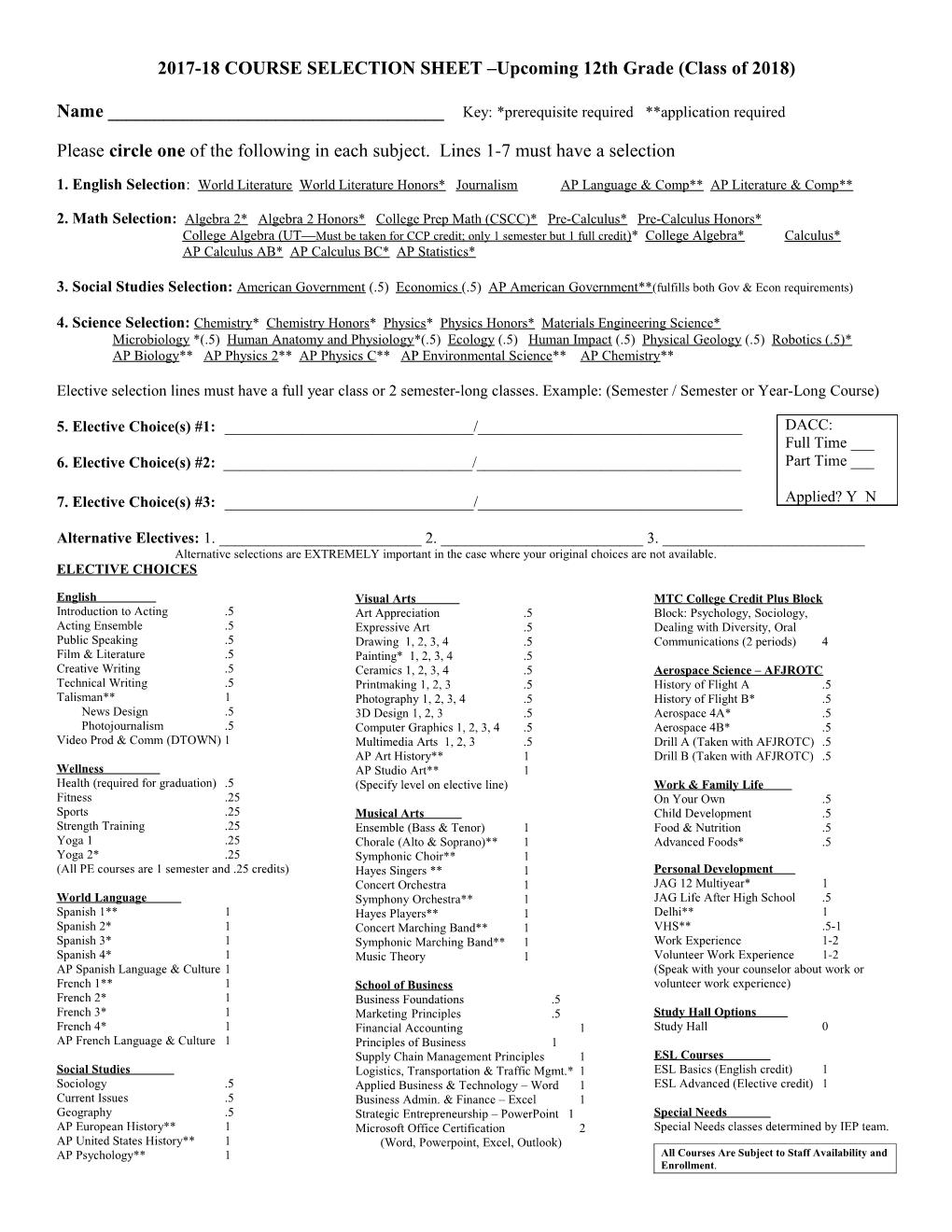 2013-2014 COURSE SELECTION SHEET Upcoming 9Th Grade