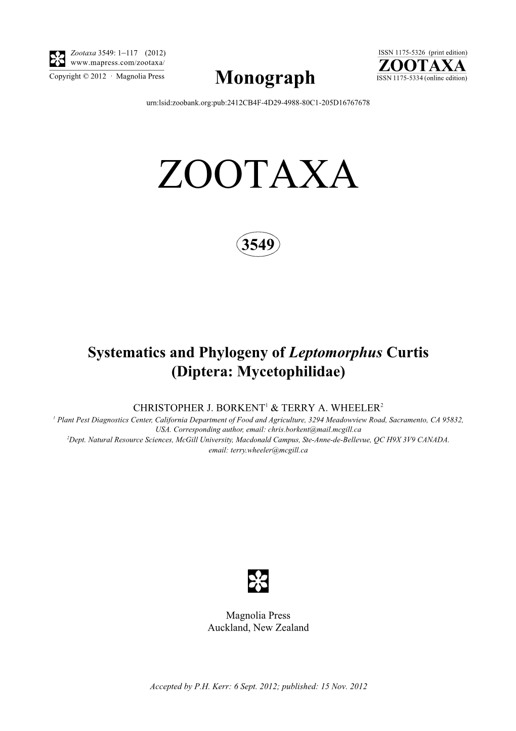 Zootaxa 3549: 1–117 (2012) ISSN 1175-5326 (Print Edition) ZOOTAXA Copyright © 2012 · Magnolia Press Monograph ISSN 1175-5334 (Online Edition)