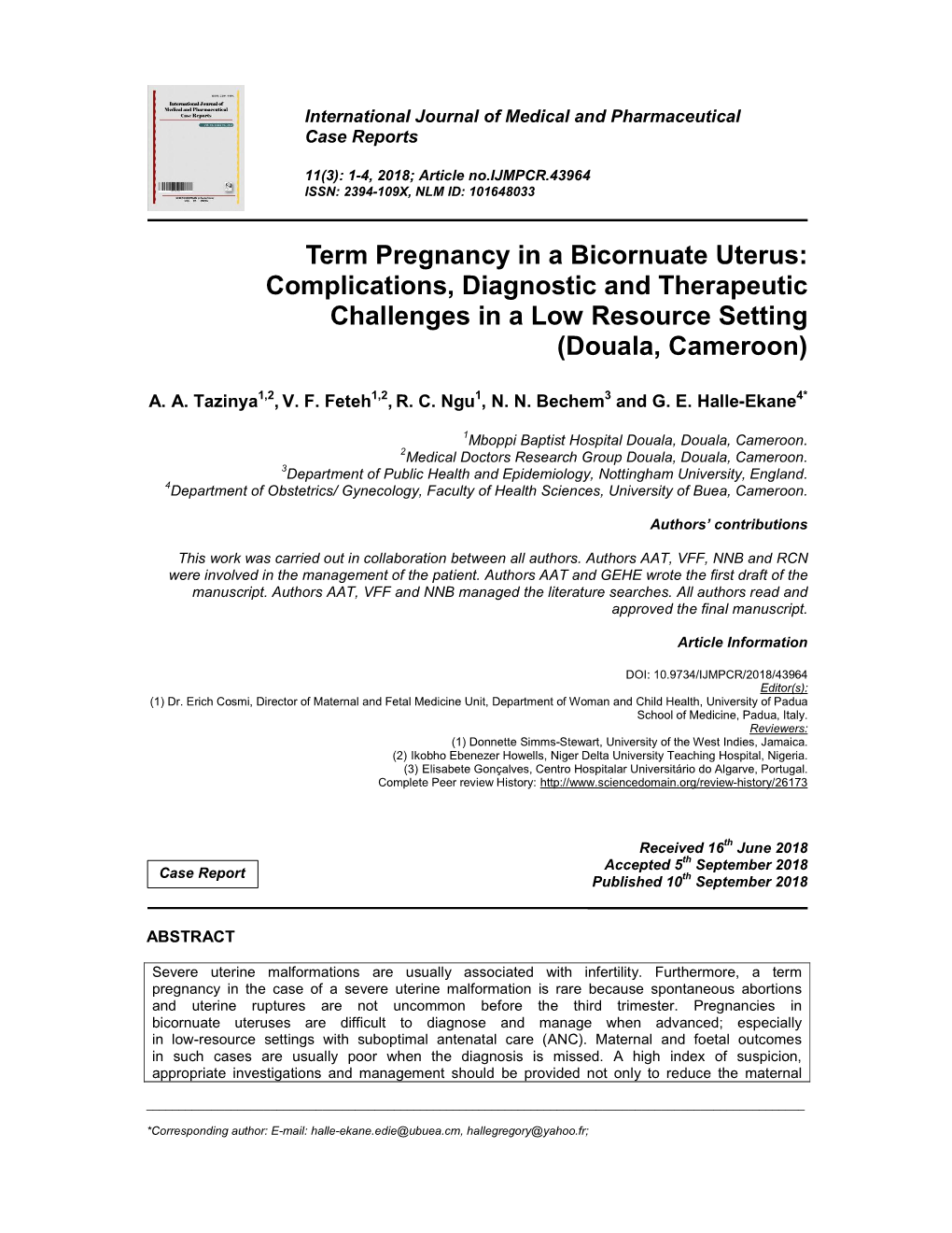 Term Pregnancy in a Bicornuate Uterus: Complications, Diagnostic and Therapeutic Challenges in a Low Resource Setting (Douala, Cameroon)