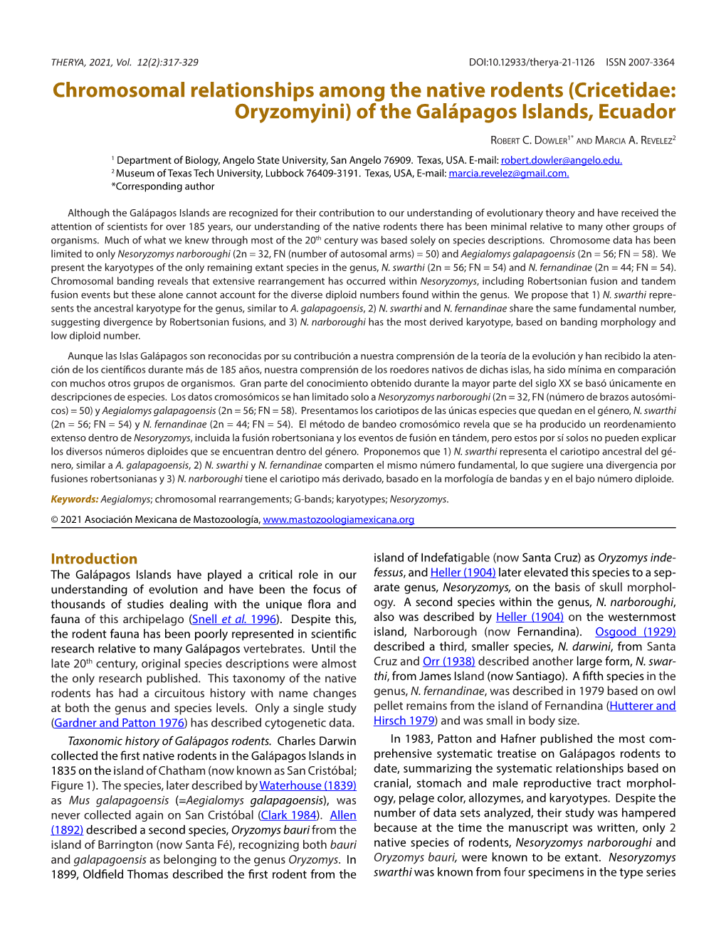 Chromosomal Relationships Among the Native Rodents (Cricetidae: Oryzomyini) of the Galápagos Islands, Ecuador