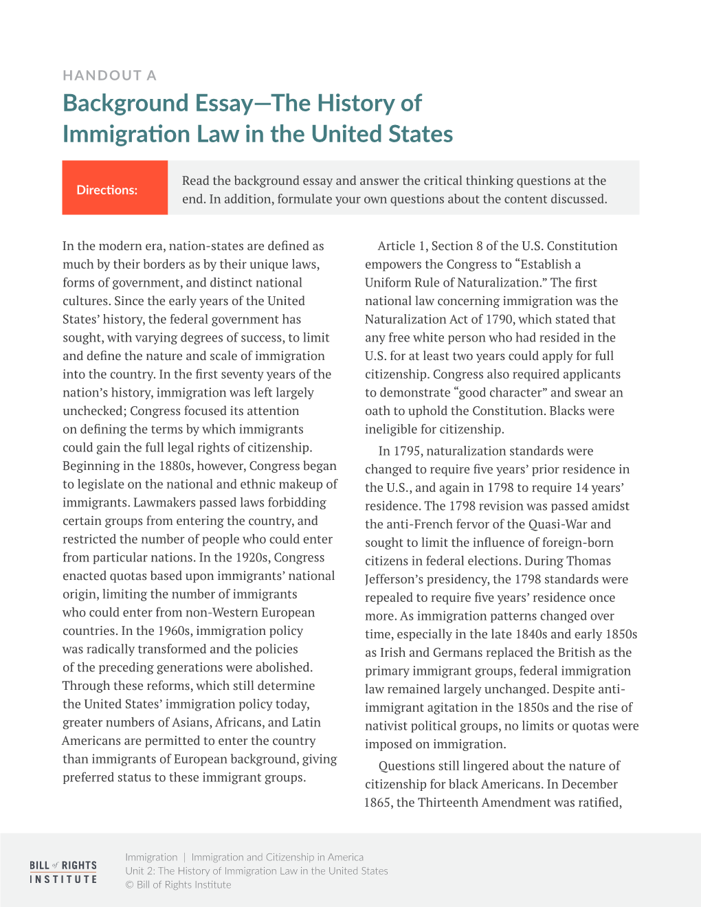 Background Essay—The History of Immigration Law in the United States