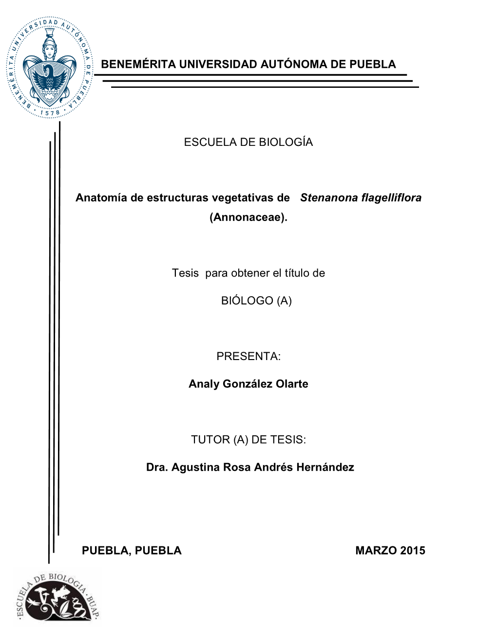 BENEMÉRITA UNIVERSIDAD AUTÓNOMA DE PUEBLA ESCUELA DE BIOLOGÍA Anatomía De Estructuras Vegetativas De Stenanona Flagelliflo