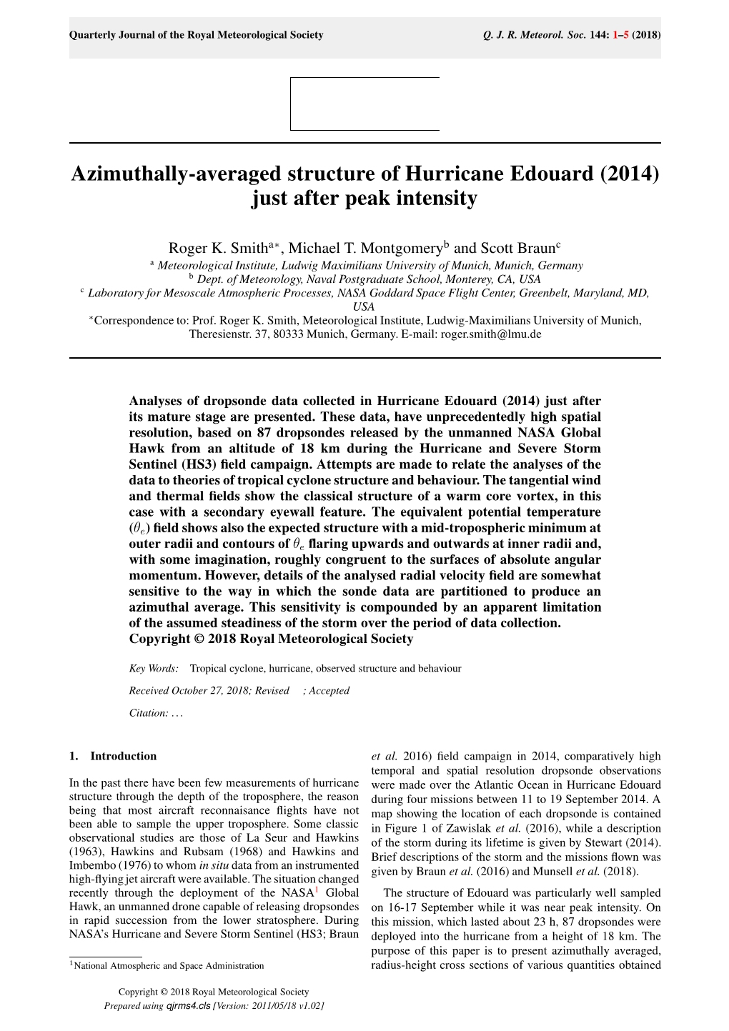 Azimuthally-Averaged Structure of Hurricane Edouard (2014) Just After Peak Intensity