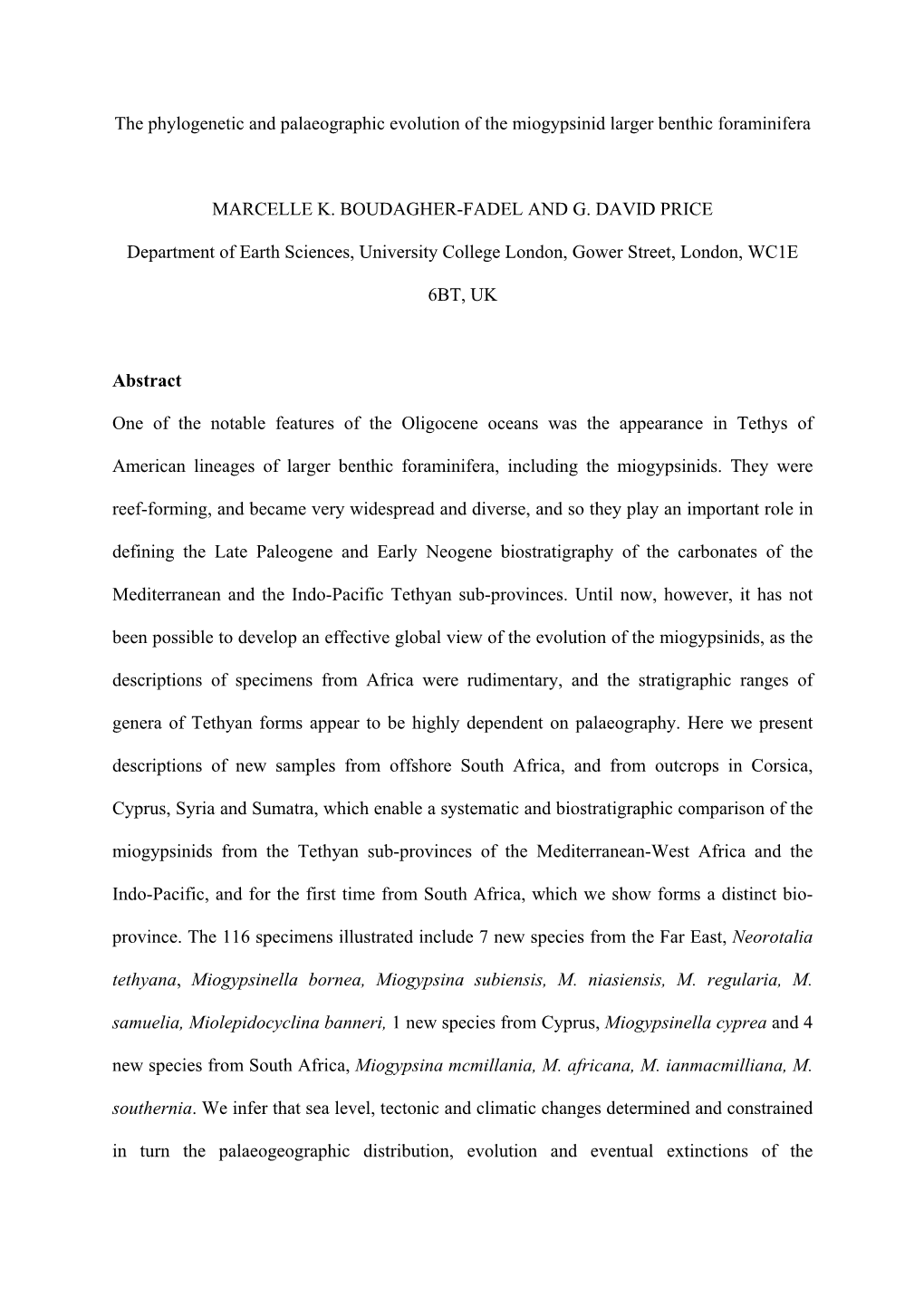 The Phylogenetic and Palaeographic Evolution of the Miogypsinid Larger Benthic Foraminifera