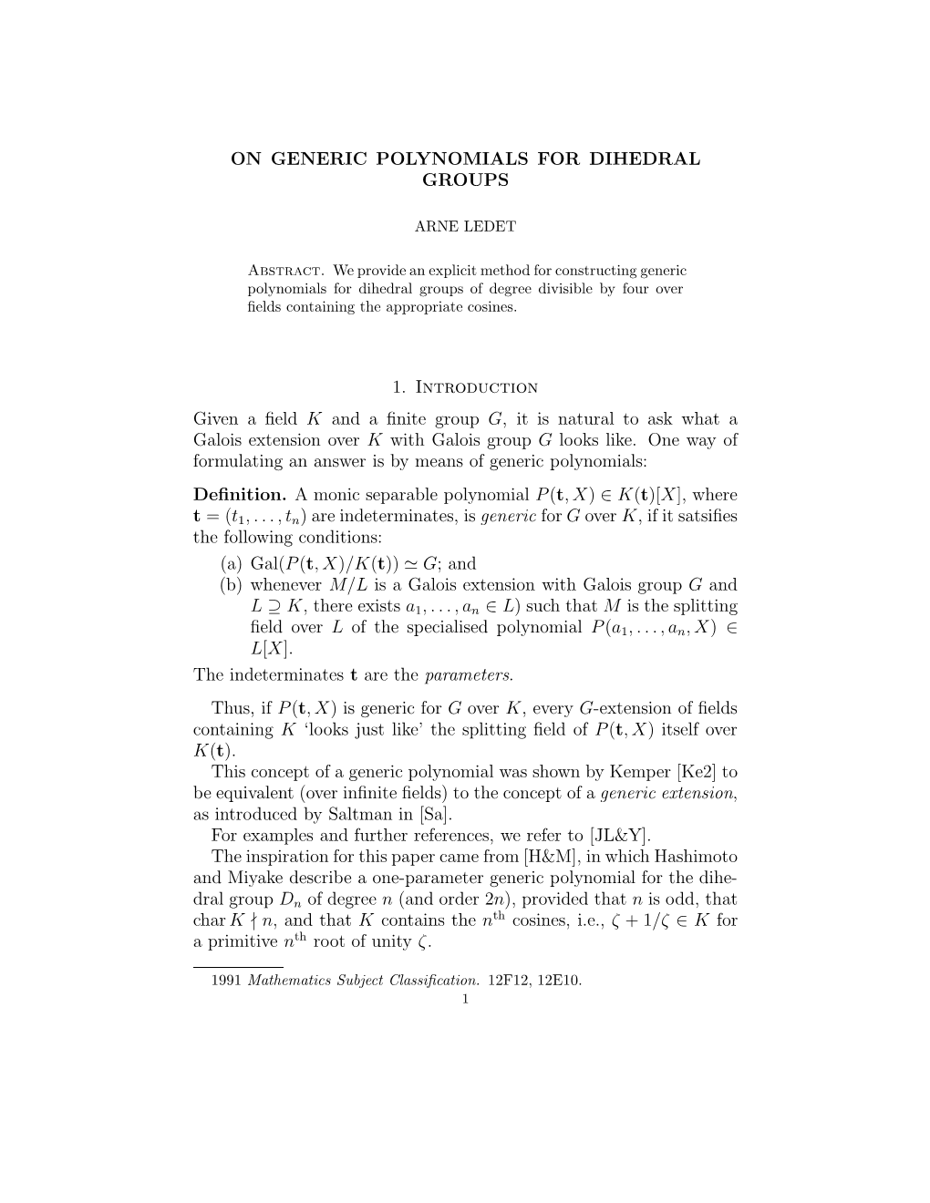 On Generic Polynomials for Dihedral Groups