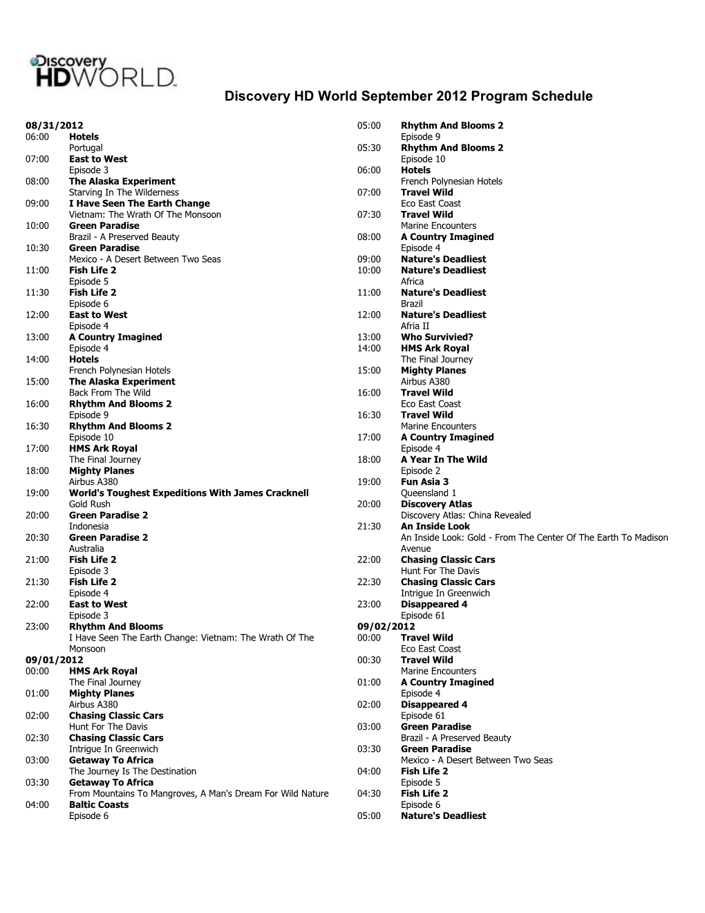 Discovery HD World September 2012 Program Schedule