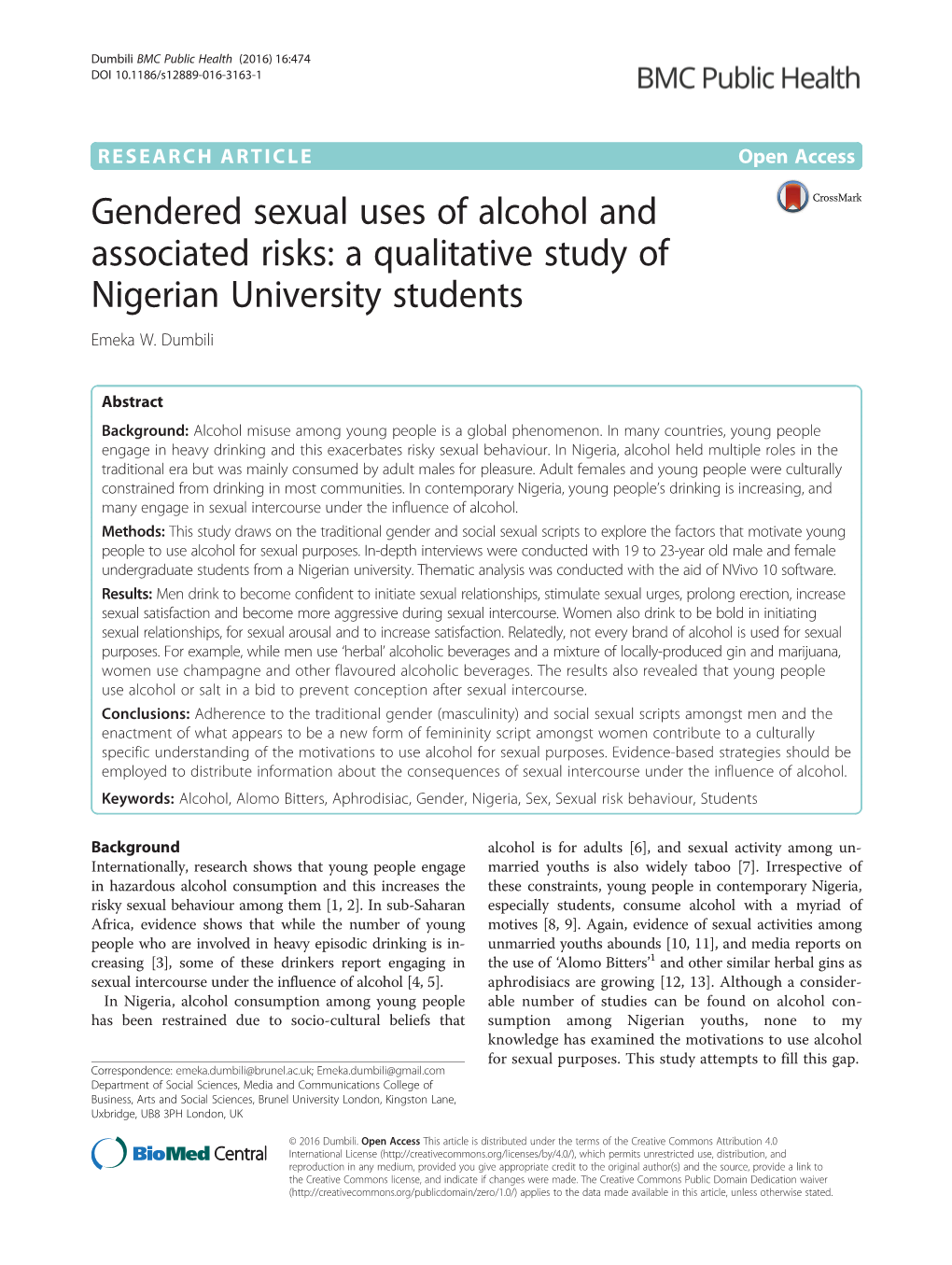 Gendered Sexual Uses of Alcohol and Associated Risks: a Qualitative Study of Nigerian University Students Emeka W