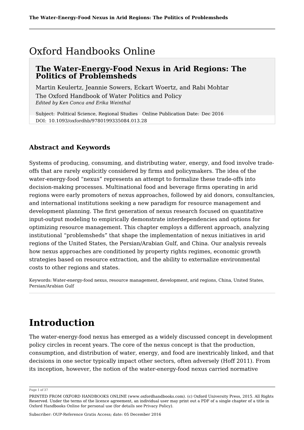 The Water-Energy-Food Nexus in Arid Regions: the Politics of Problemsheds