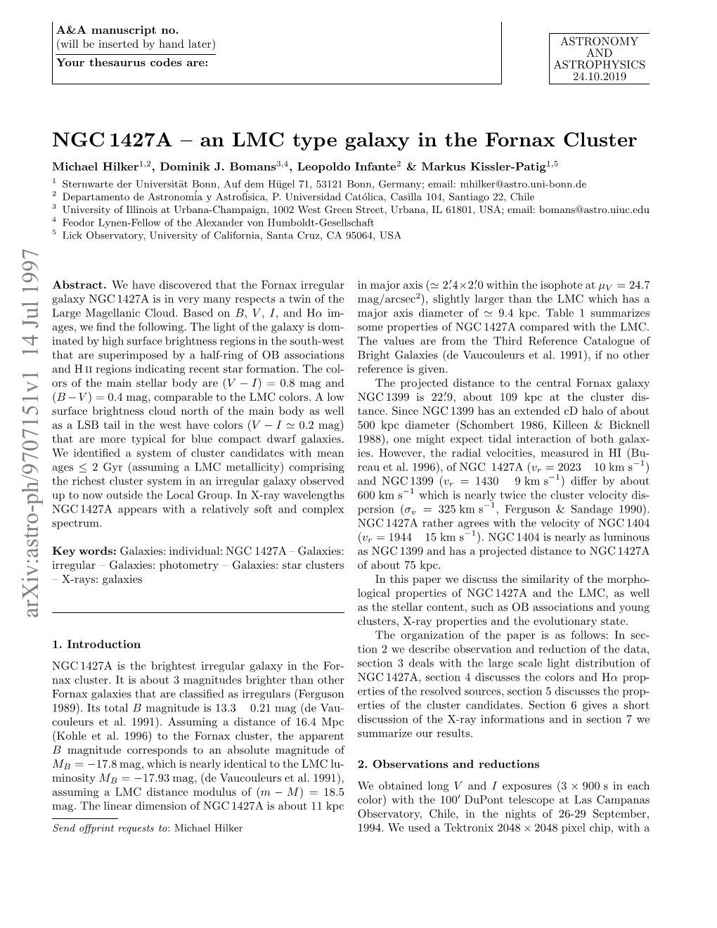 NGC 1427A-An LMC Type Galaxy in the Fornax Cluster