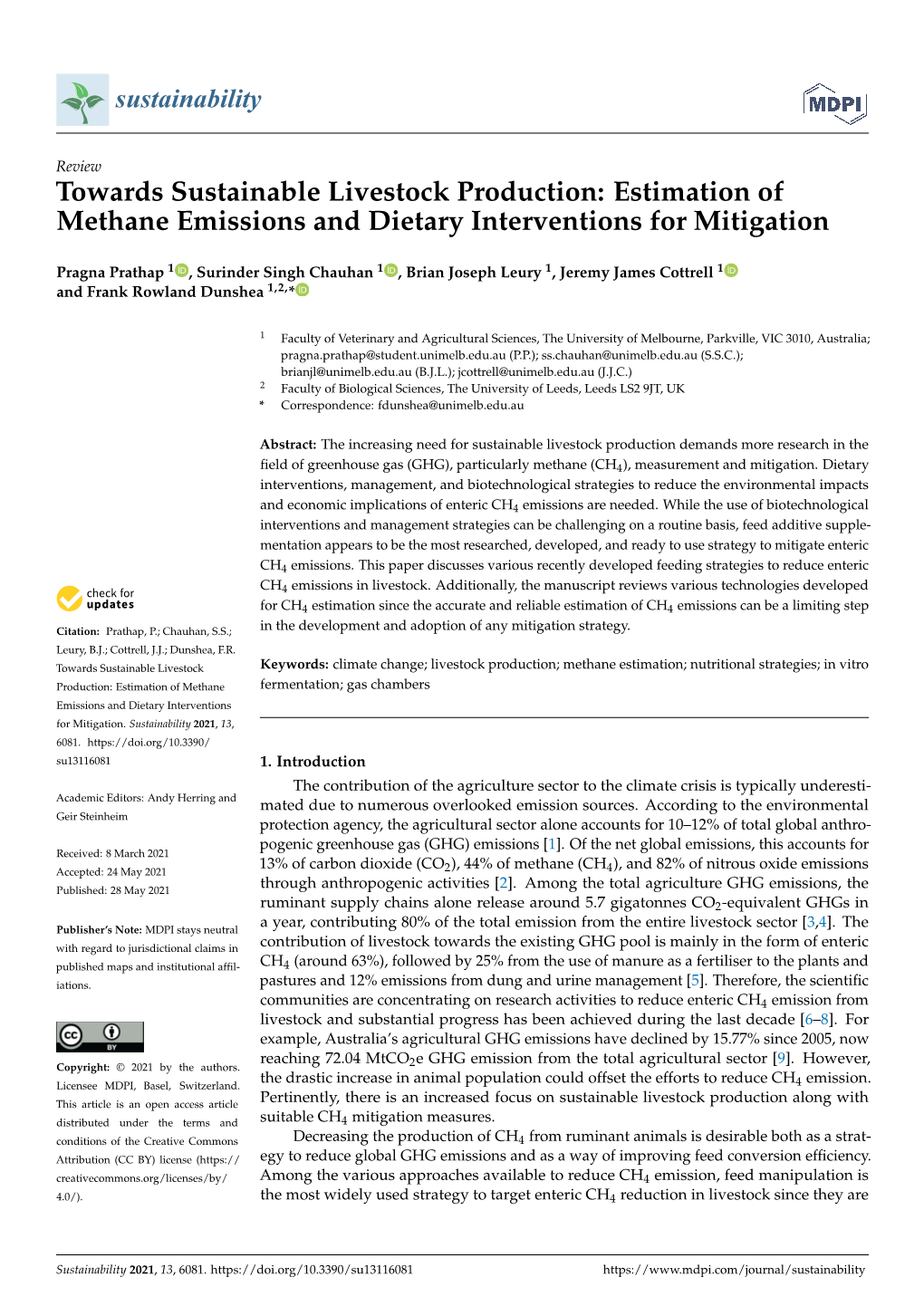 Estimation of Methane Emissions and Dietary Interventions for Mitigation