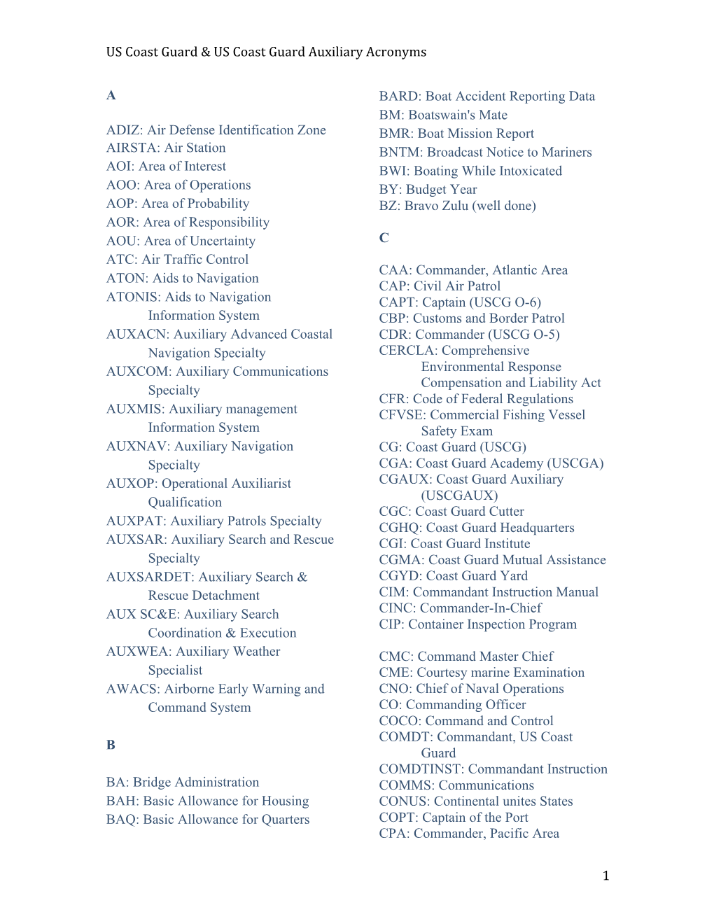 US Coast Guard & US Coast Guard Auxiliary Acronyms 1 a ADIZ: Air Defense Identification Zone AIRSTA: Air Station