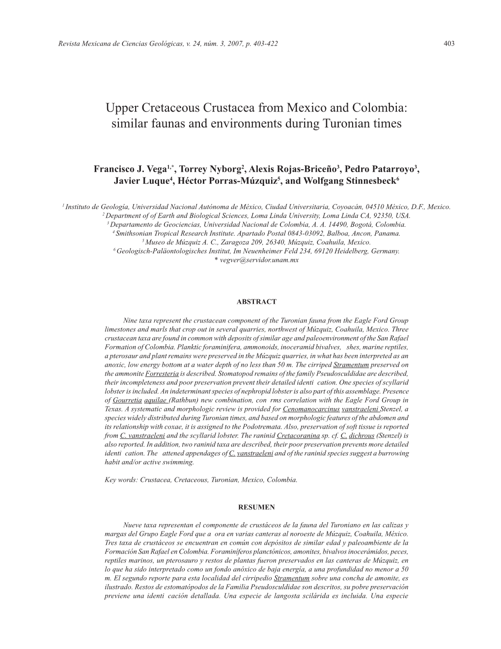 Upper Cretaceous Crustacea from Mexico and Colombia: Similar Faunas and Environments During Turonian Times