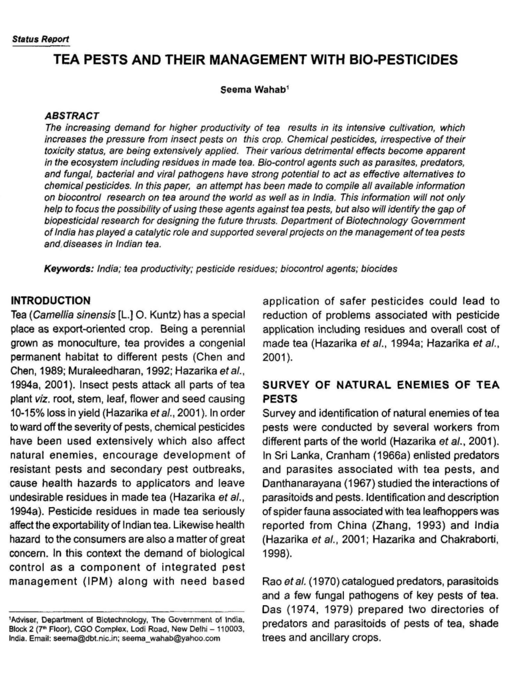 Tea Pests and Their Management with Bio-Pesticides