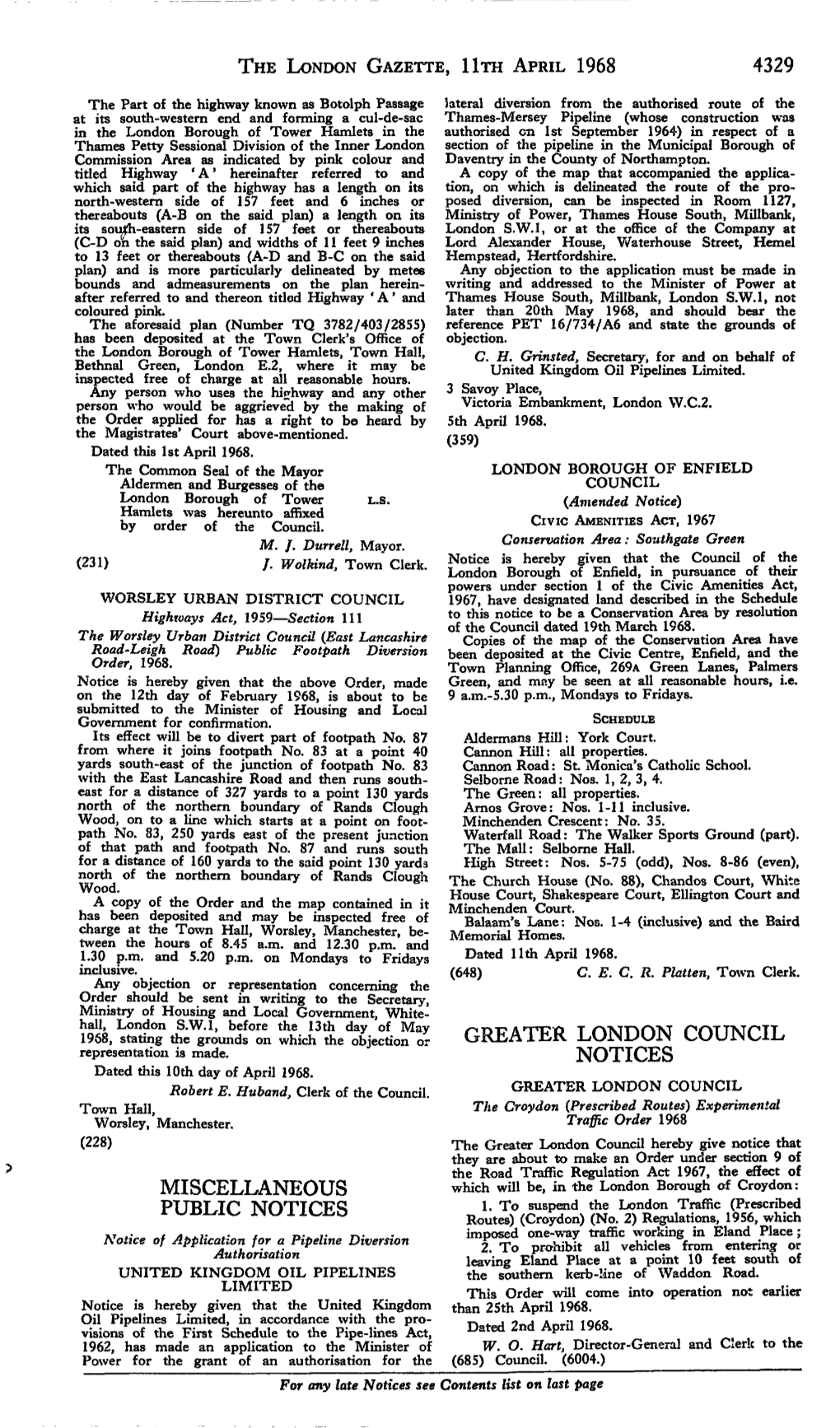 The London Gazette, Hth April 1968 4329 Miscellaneous