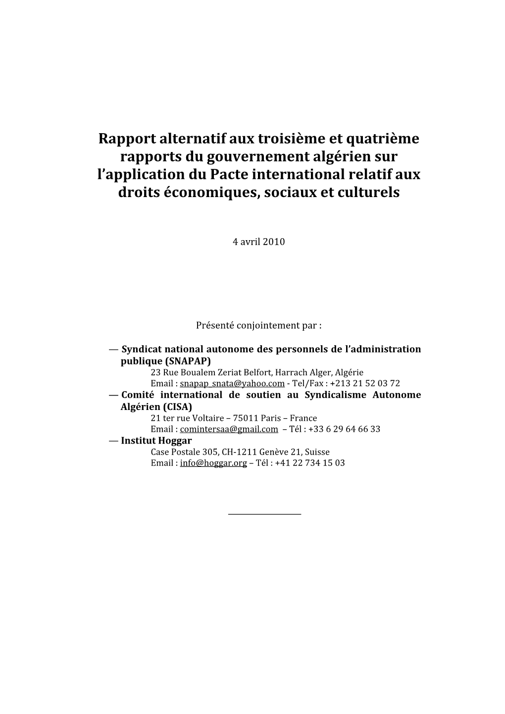 Rapport Alternatif Aux Troisième Et Quatrième Rapports Du