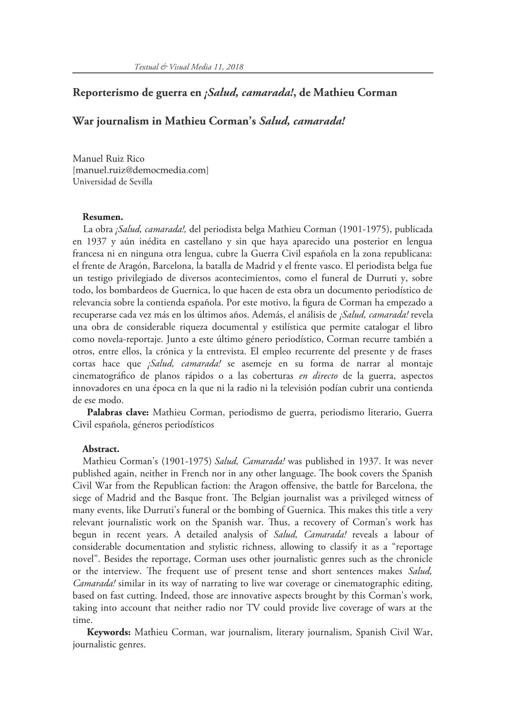 De Mathieu Corman War Journalism in Mathieu Corman's Salud, Camarada!