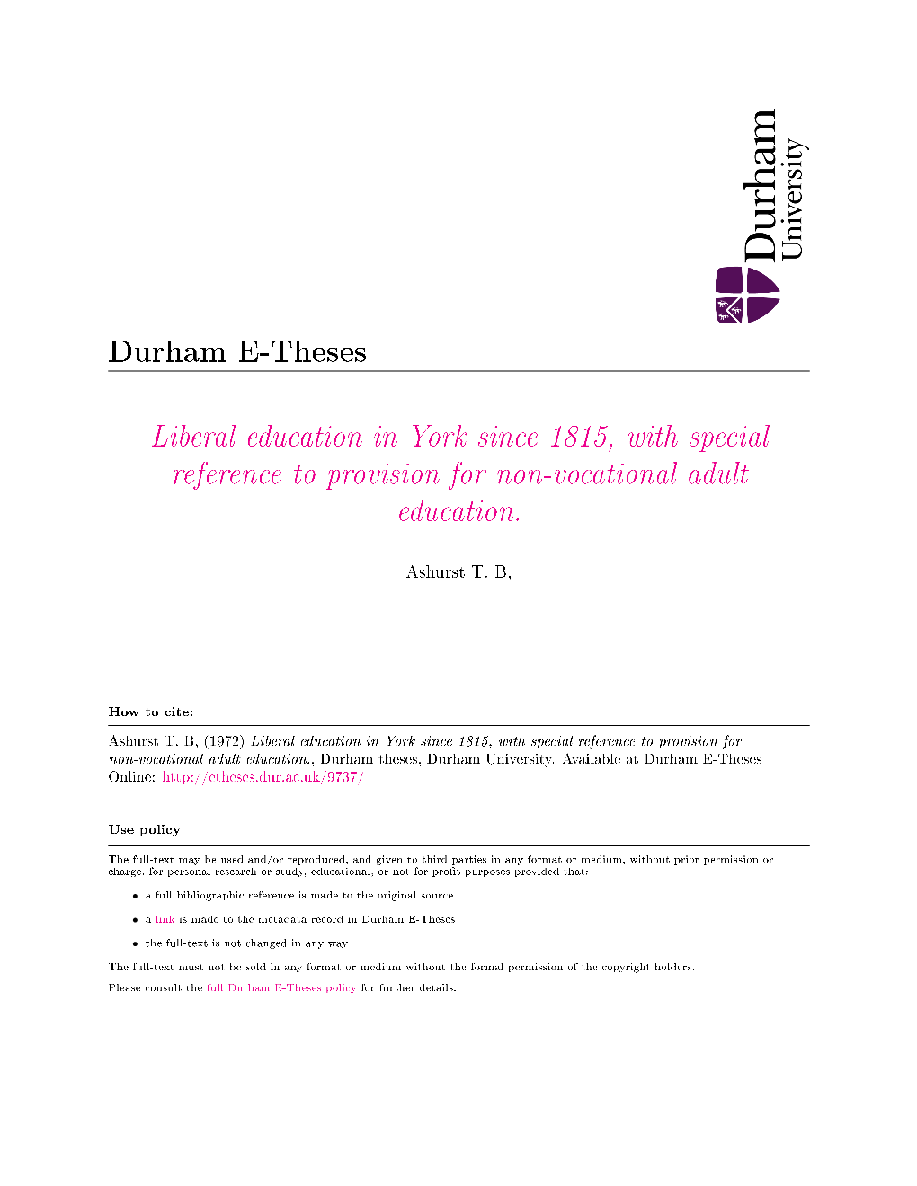 Liberal Education in York Since 1815, with Special Reference to Provision for Non-Vocational Adult Education