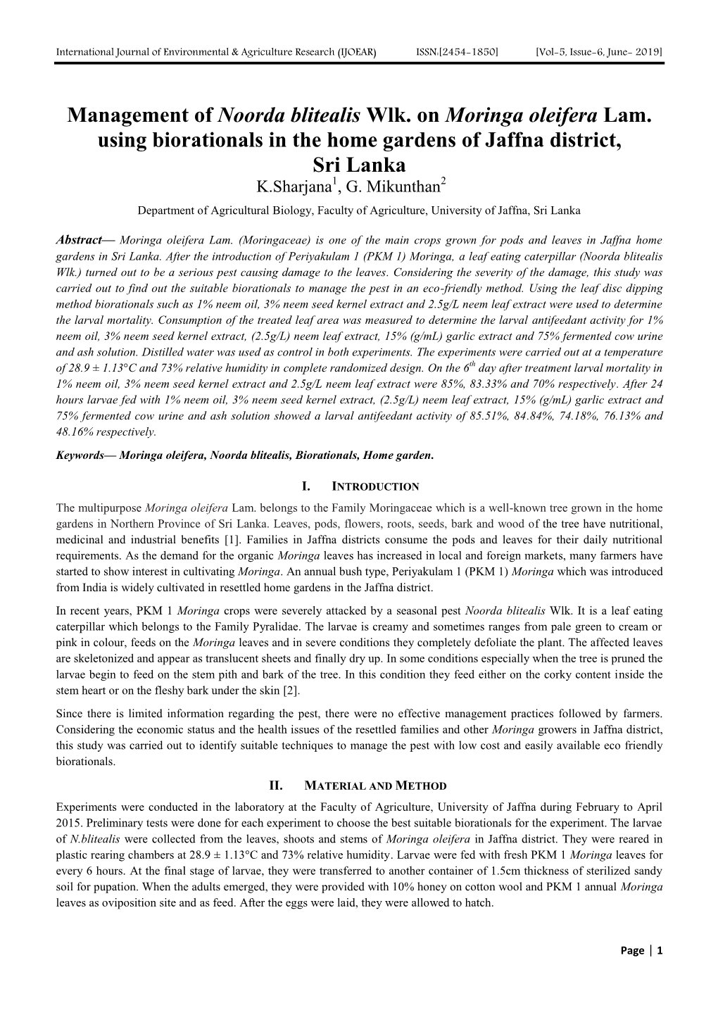 Management of Noorda Blitealis Wlk. on Moringa Oleifera Lam. Using Biorationals in the Home Gardens of Jaffna District, Sri Lanka K.Sharjana1, G