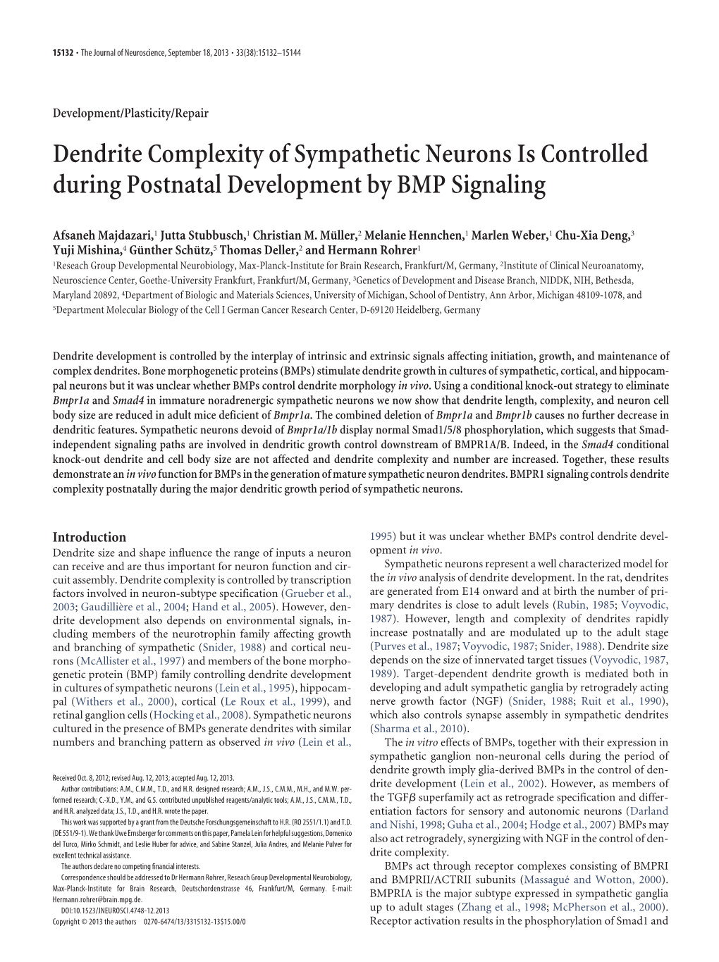 Dendrite Complexity of Sympathetic Neurons Is Controlled During Postnatal Development by BMP Signaling