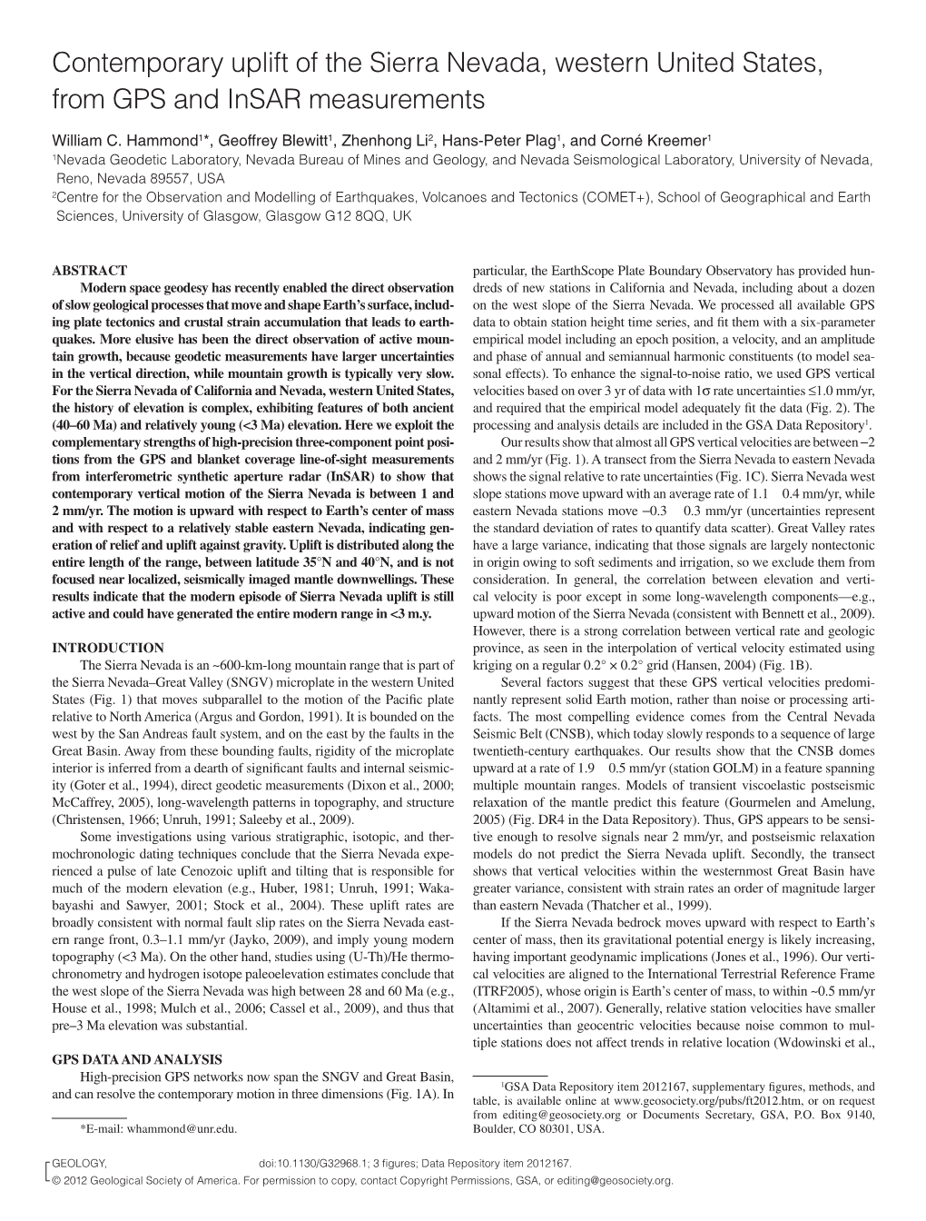 Contemporary Uplift of the Sierra Nevada, Western United States, from GPS and Insar Measurements