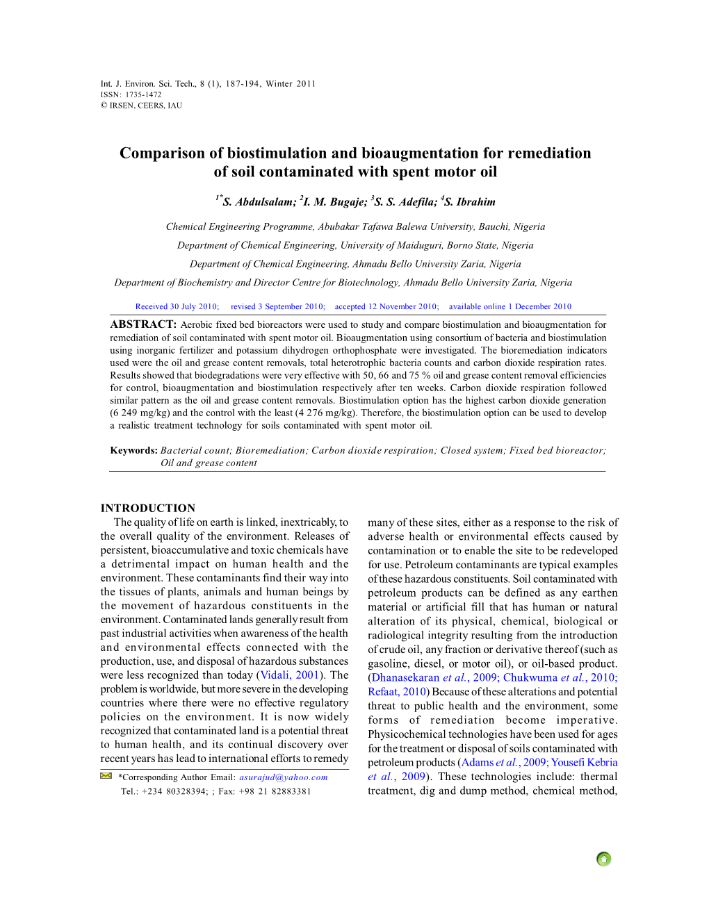 Comparison of Biostimulation and Bioaugmentation for Remediation of Soil Contaminated with Spent Motor Oil