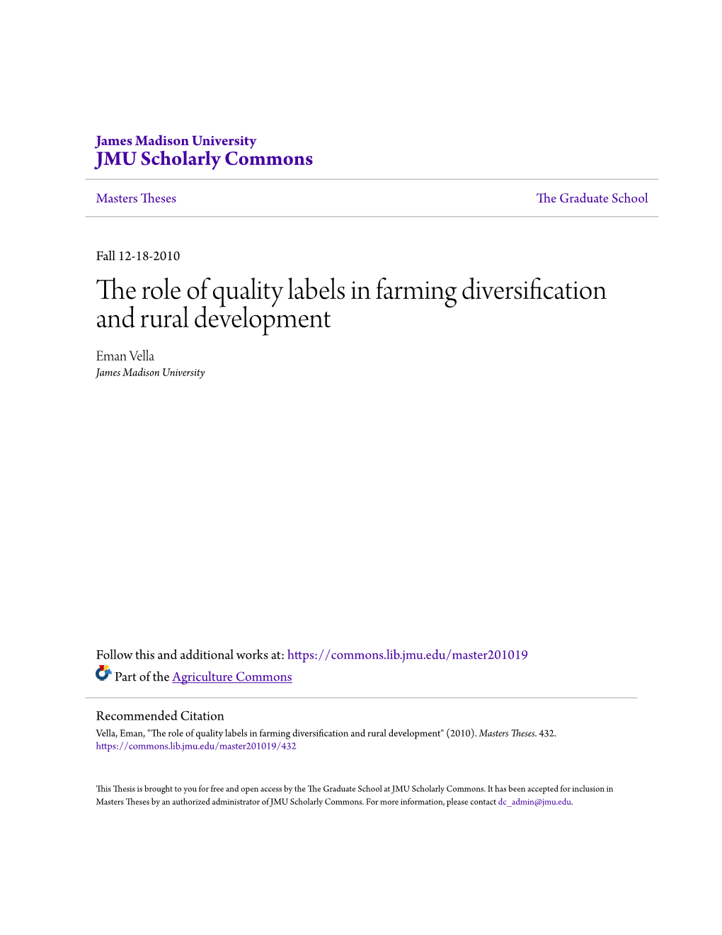 The Role of Quality Labels in Farming Diversification and Rural Development