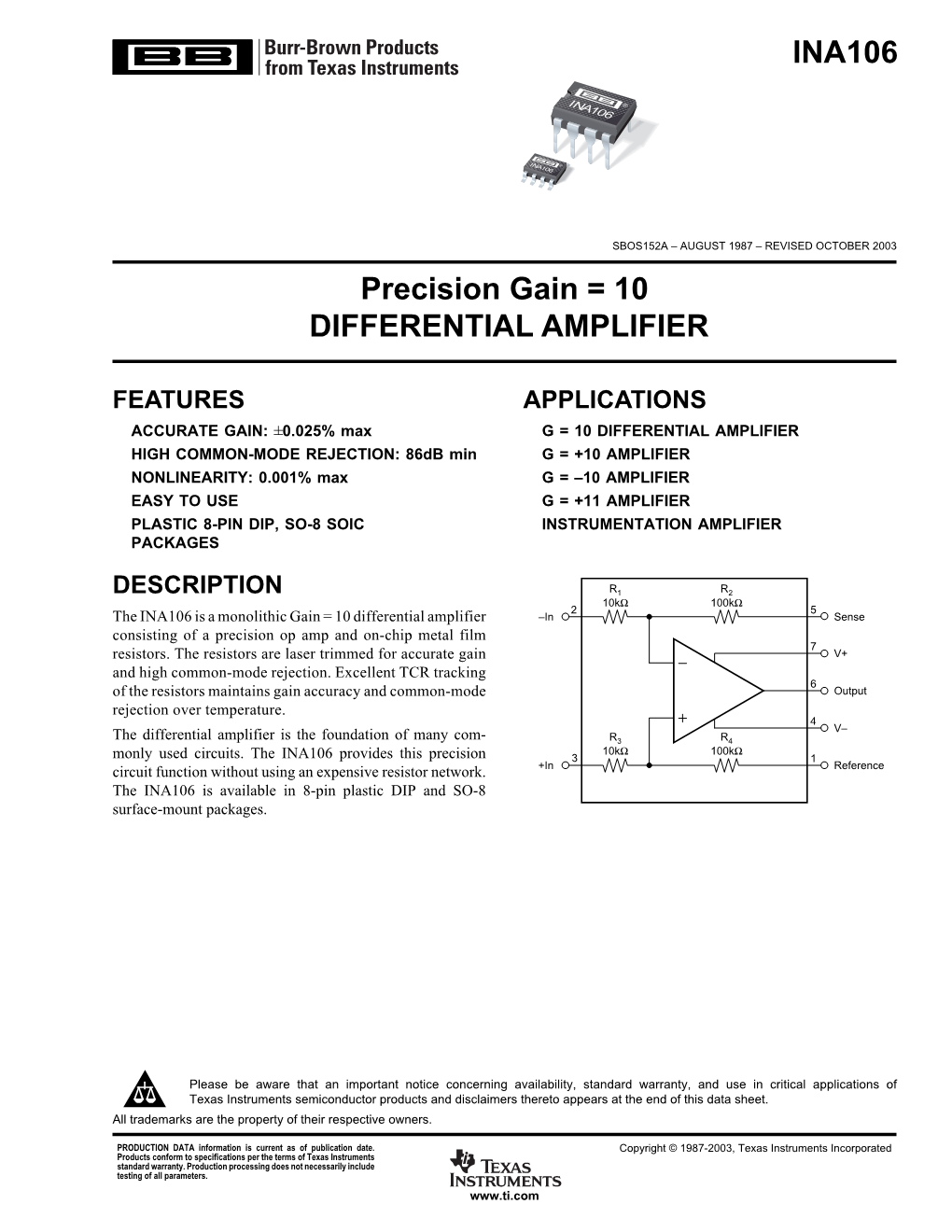 INA106: Precision Gain = 10 Differential Amplifier Datasheet