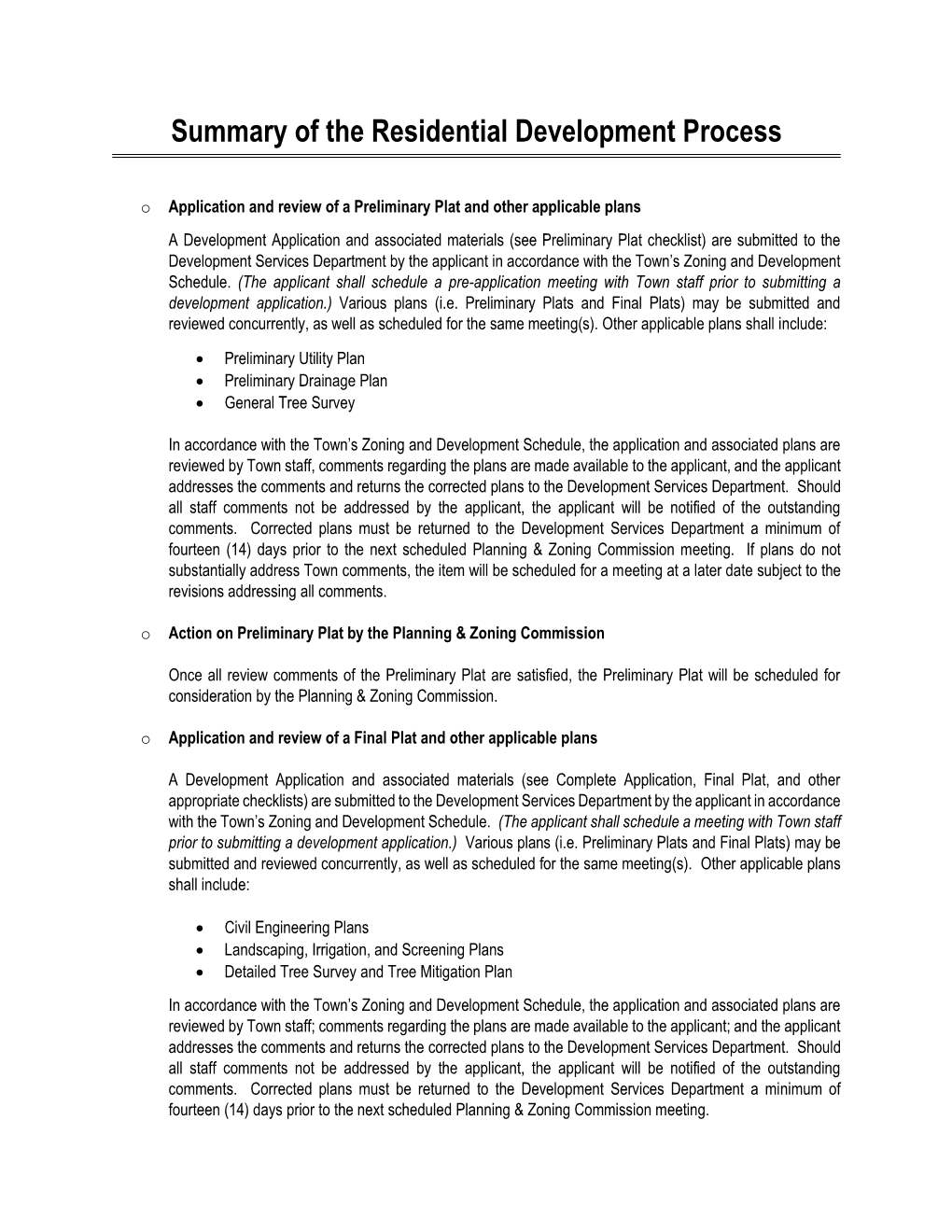 Summary of the Residential Development Process