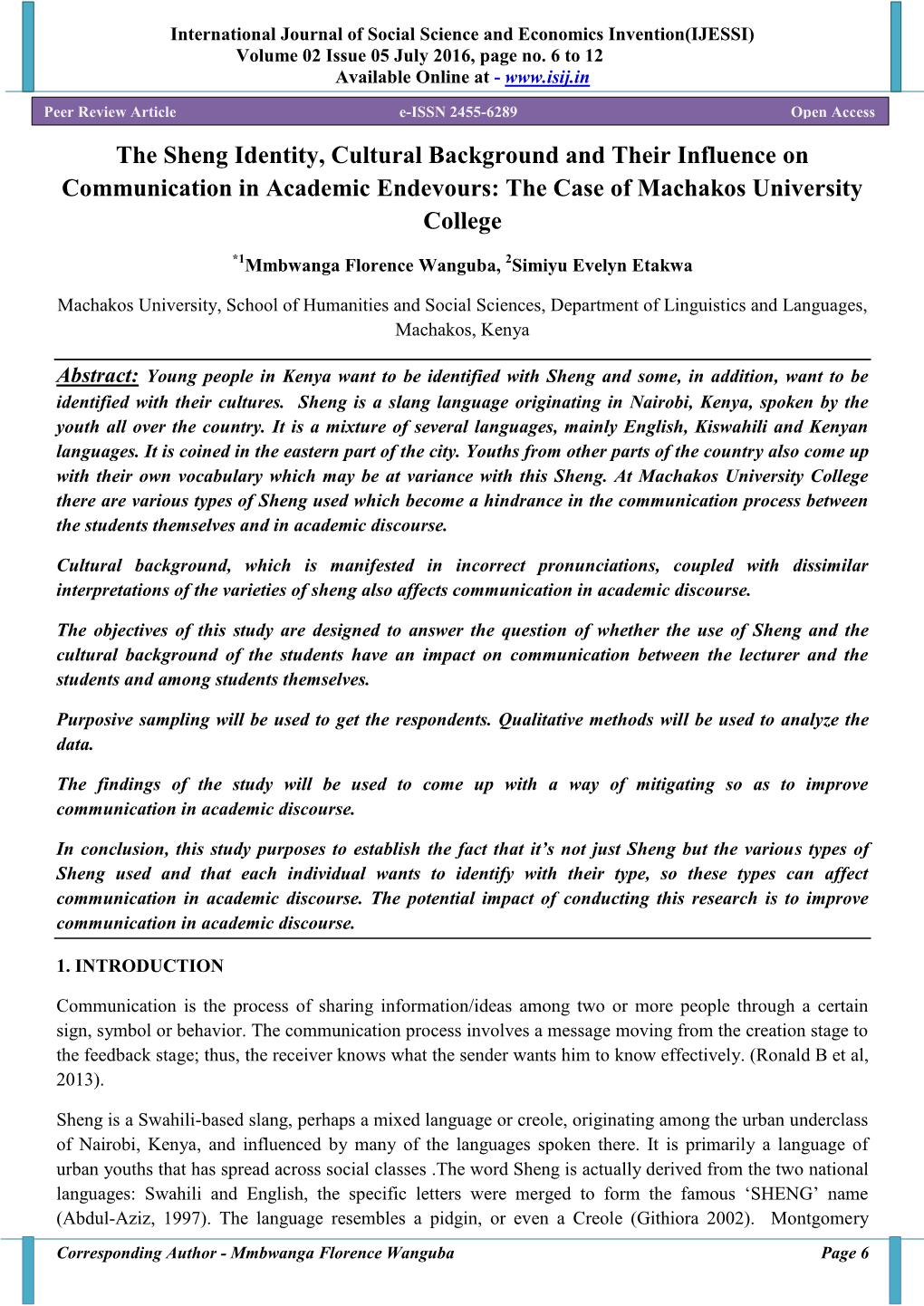 The Sheng Identity, Cultural Background and Their Influence on Communication in Academic Endevours: the Case of Machakos University College