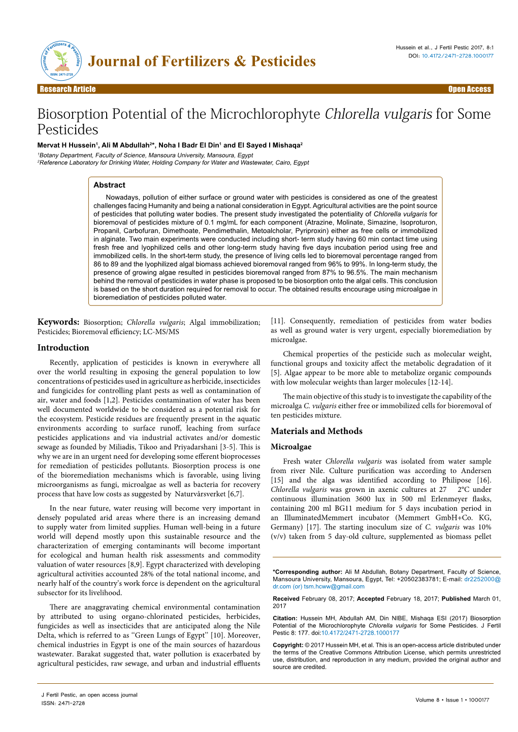 Biosorption Potential of the Microchlorophyte Chlorella Vulgaris for Some