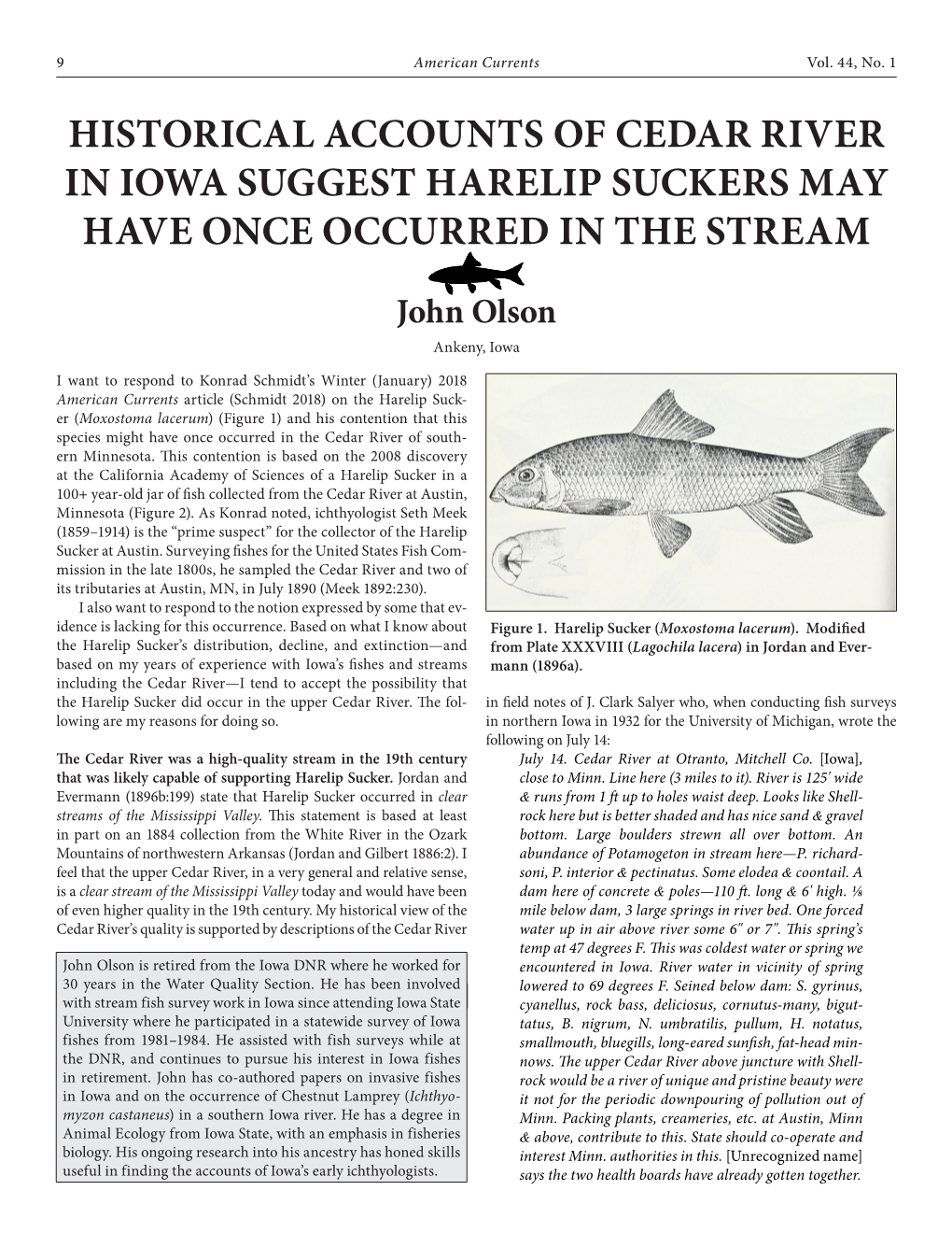 Historical Accounts of Cedar River in Iowa Suggest Harelip Suckers May Have Once Occurred in the Stream