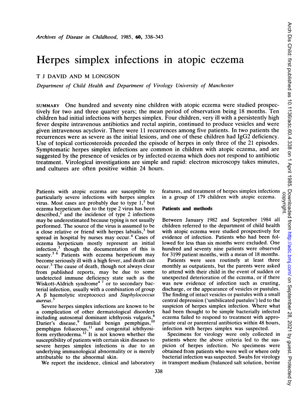 Herpes Simplex Infections in Atopic Eczema